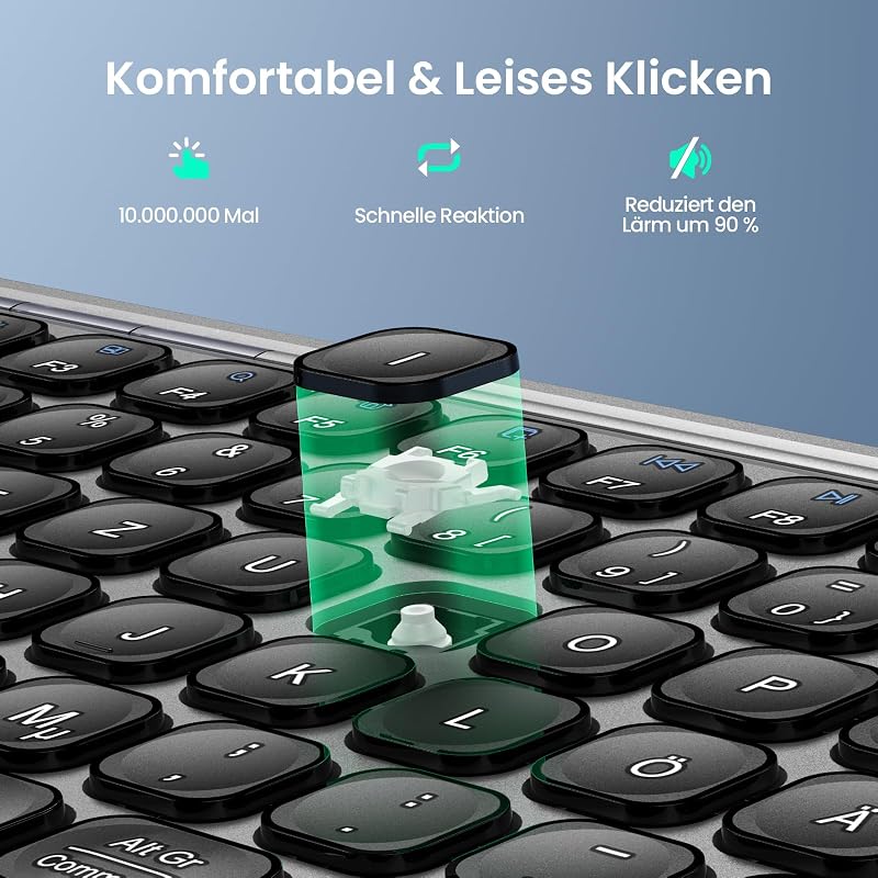 TECKNET Újratölthető Mini Bluetooth Billentyűzet - 3 Eszköz Váltás (2.4G + 2BT), QWERTZ, MacOS/iOS/Windows/Linux/Android Kompatibilis, Szürk