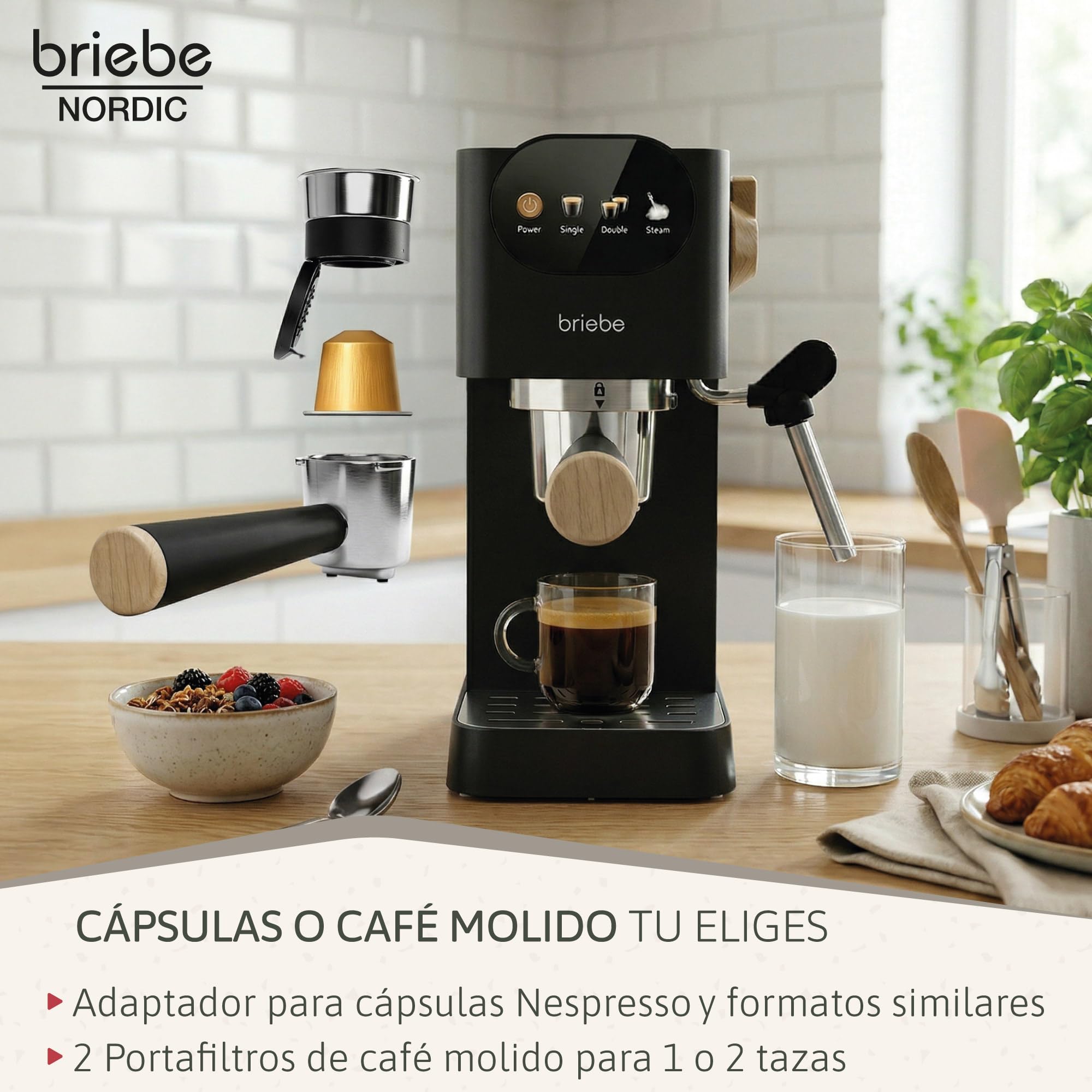 briebe Nordic Set Cafetera Espresso 20 Bares Cápsulas y Café Molido + Hervidor Agua Eléctrico 1,7L Inalámbrico 2200W + Tostadora Ranura Ancha 2 Rebanadas, Pack Desayuno Diseño Nórdico (Negro)