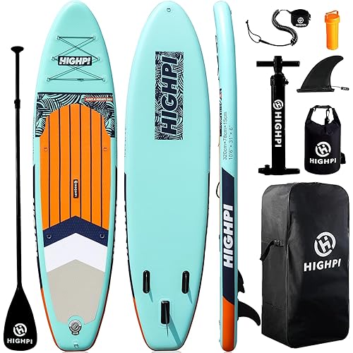 Highpi Inflatable Stand Up Paddle Board Premium SUP Accessories, Backpack, Wide Stance, Surf Control, Non-Slip Deck, Leash, Paddle and Pump, Standing Boat for Youth and Adult