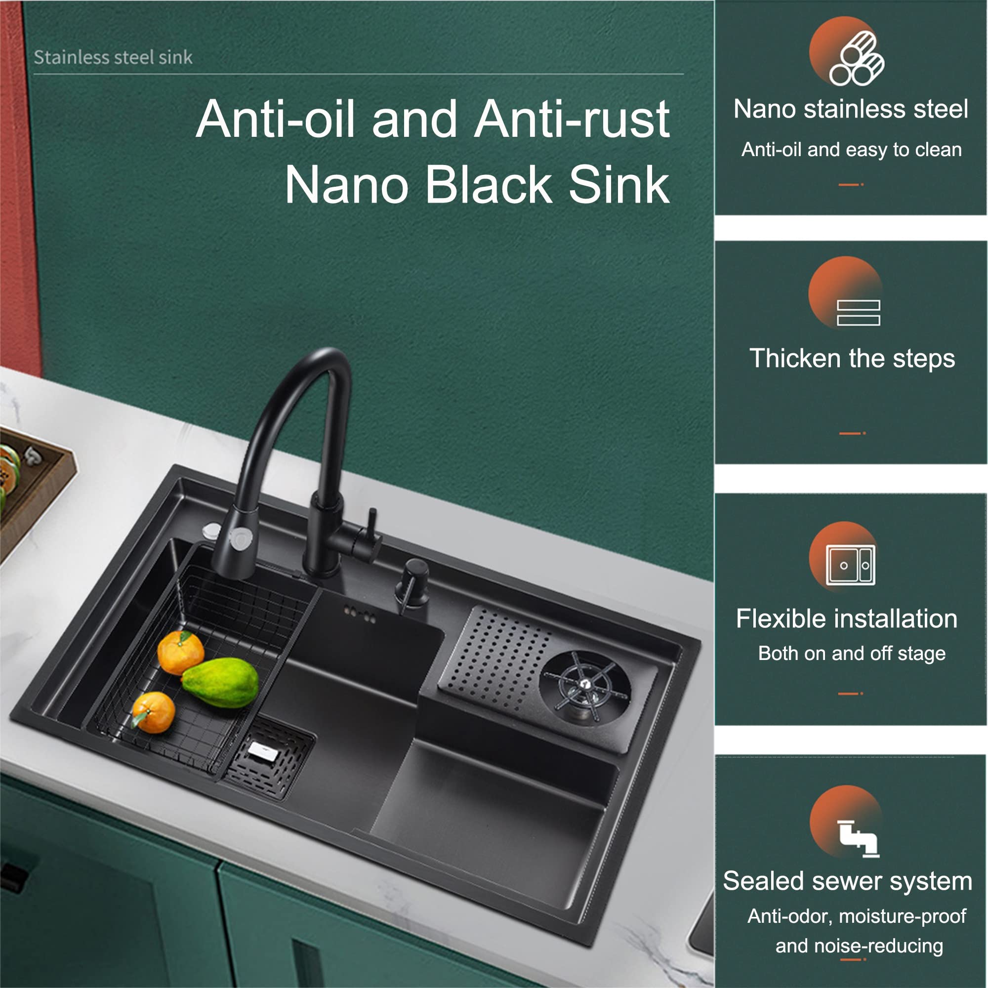 Lavandino Cucina Incasso Nero Lavello in Acciaio Inox Professionale 1 Vasca Lavello da Bar Multifunzionale con Rubinetto Lavabicchieri Componenti di Drenaggio per Postazione di Lavoro Caffè Ristorante