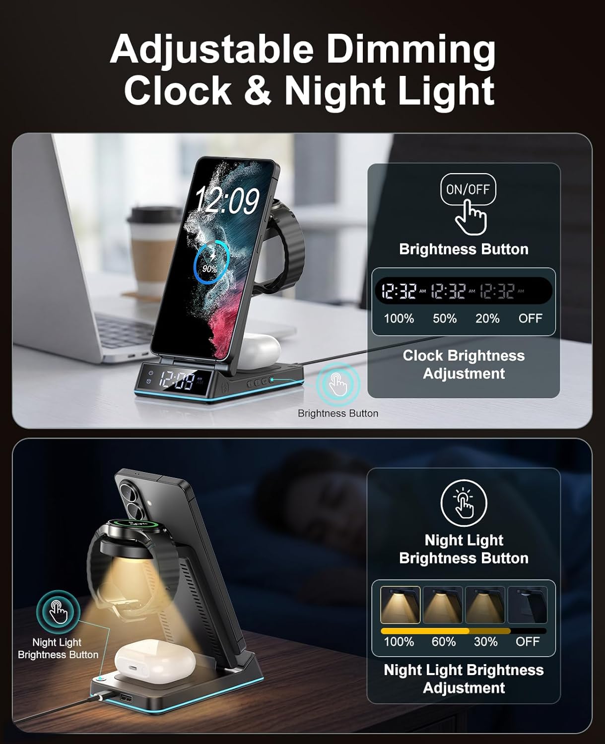 Wireless Charger for Samsung,7 in 1 Wireless Charging Station Foldable Fast Charger Stand with Night Light/Alarm Clock for Samsung Galaxy S26/S25/S24/S23/S22/S21/Galaxy Watch Ultra/8/7/6 Galaxy Buds