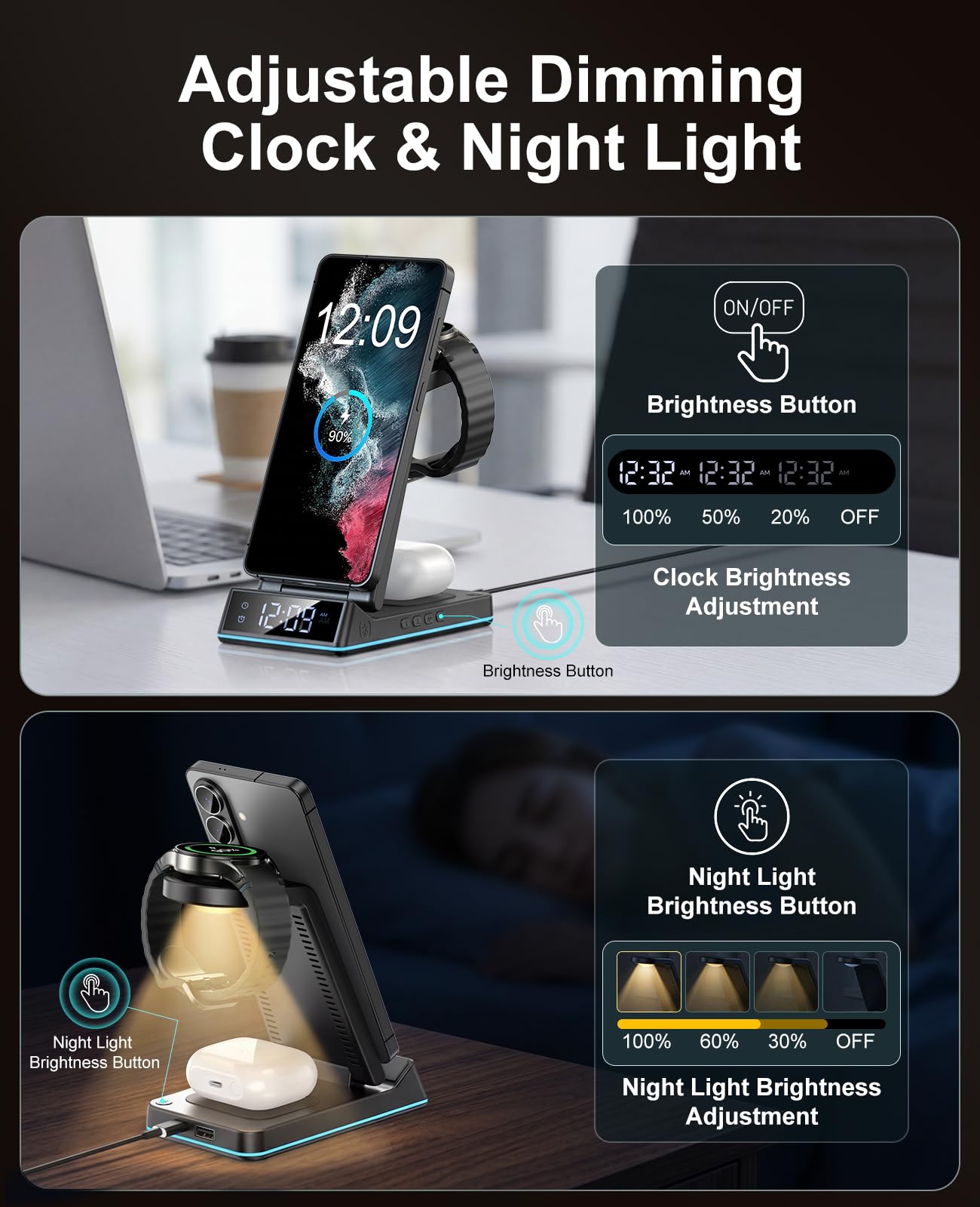 Cargador inalámbrico para Samsung, estación de carga inalámbrica 3 en 1, soporte plegable de carga rápida con luz nocturna/reloj despertador para Samsung Galaxy S25 Ultra/S24/S23/S22/S21/Galaxy Watch