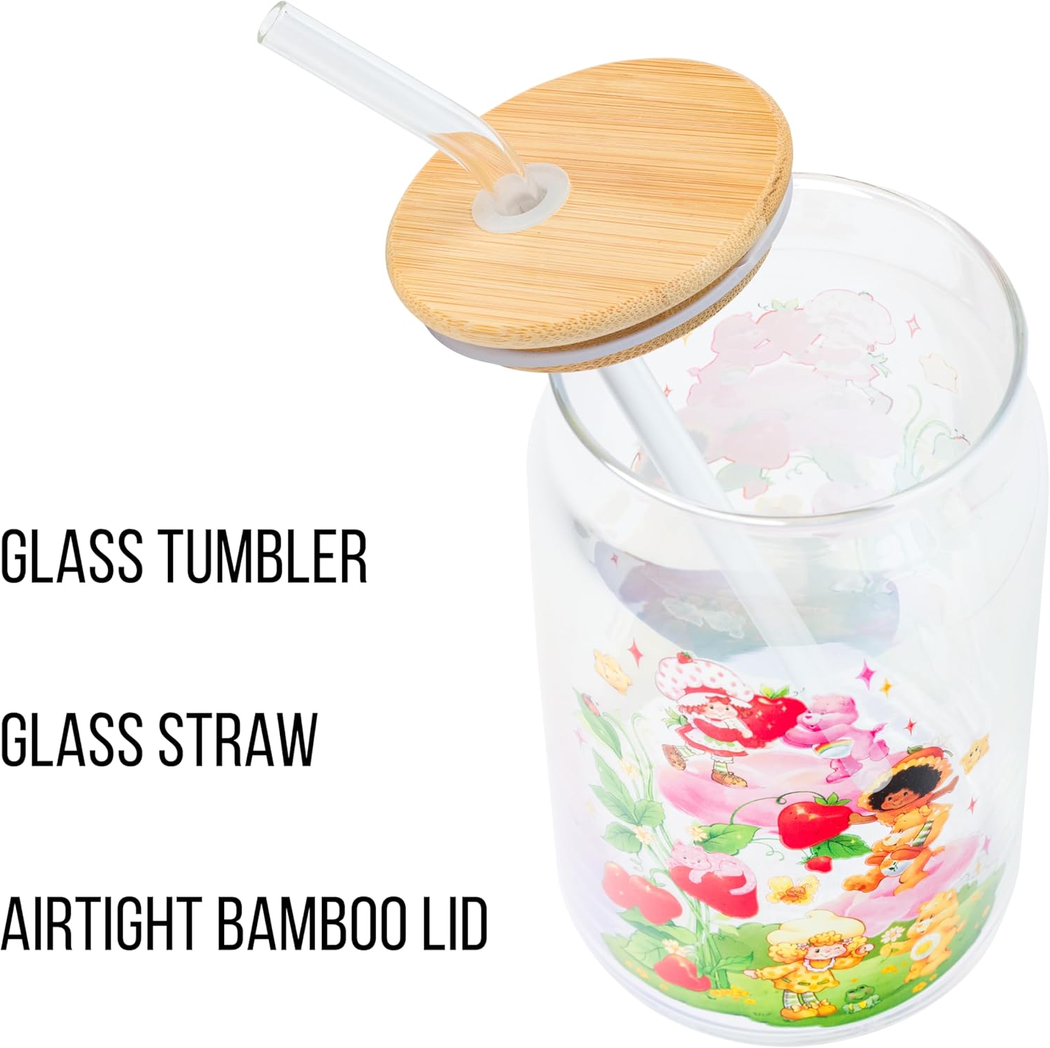 Silver Buffalo Care Bears and Strawberry Shortcake Featuring Orange Blossom, Lemon Meringue, Cheer, Friend, and Funshine Bear Glass Jar Tumbler with Bamboo Lid and Glass Straw, 16 Ounces - Image 4