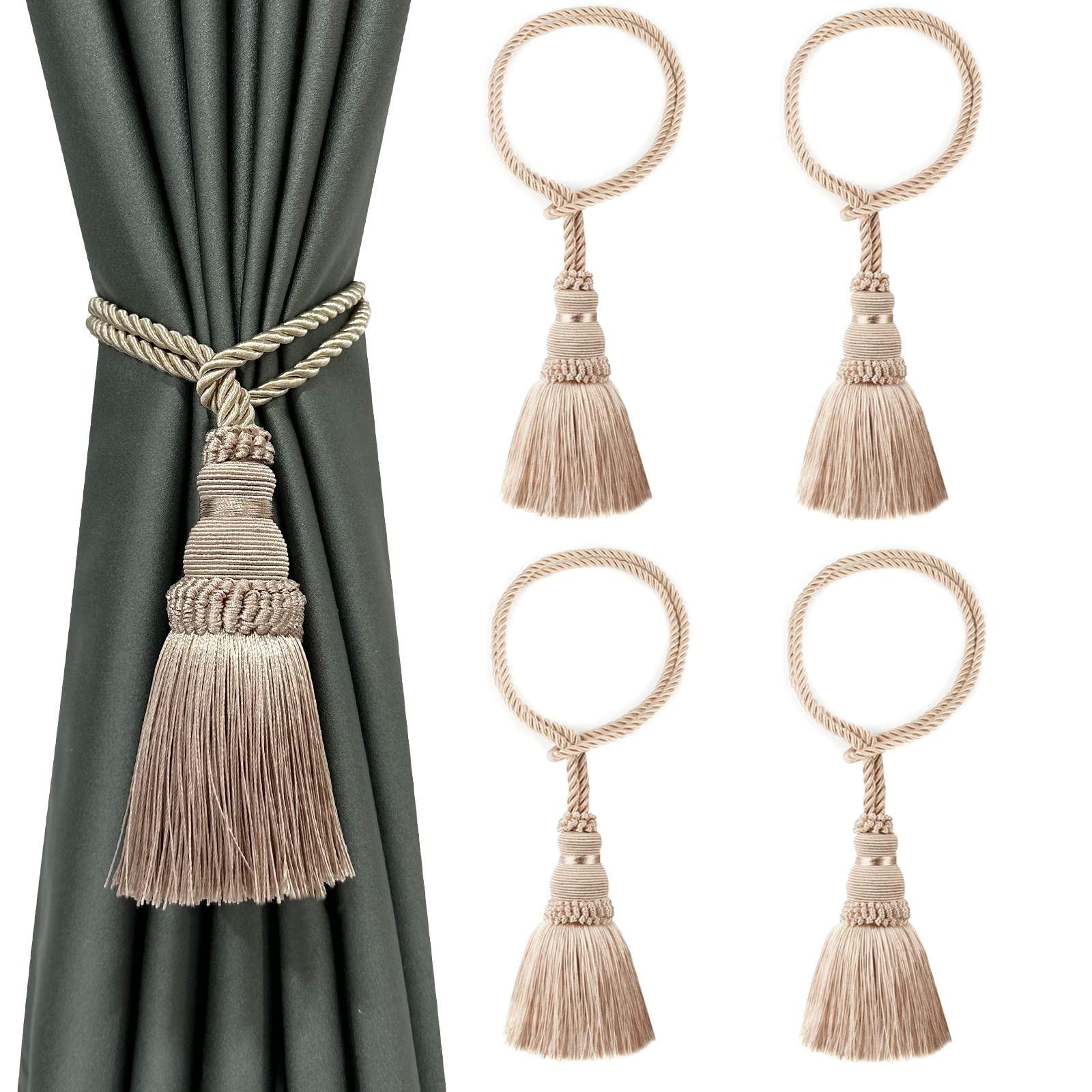 Tassel Curtain Tiebacks， Curtain Tiebacks Braided Rope Tassels 4 Pack Multicolor(Khaki)