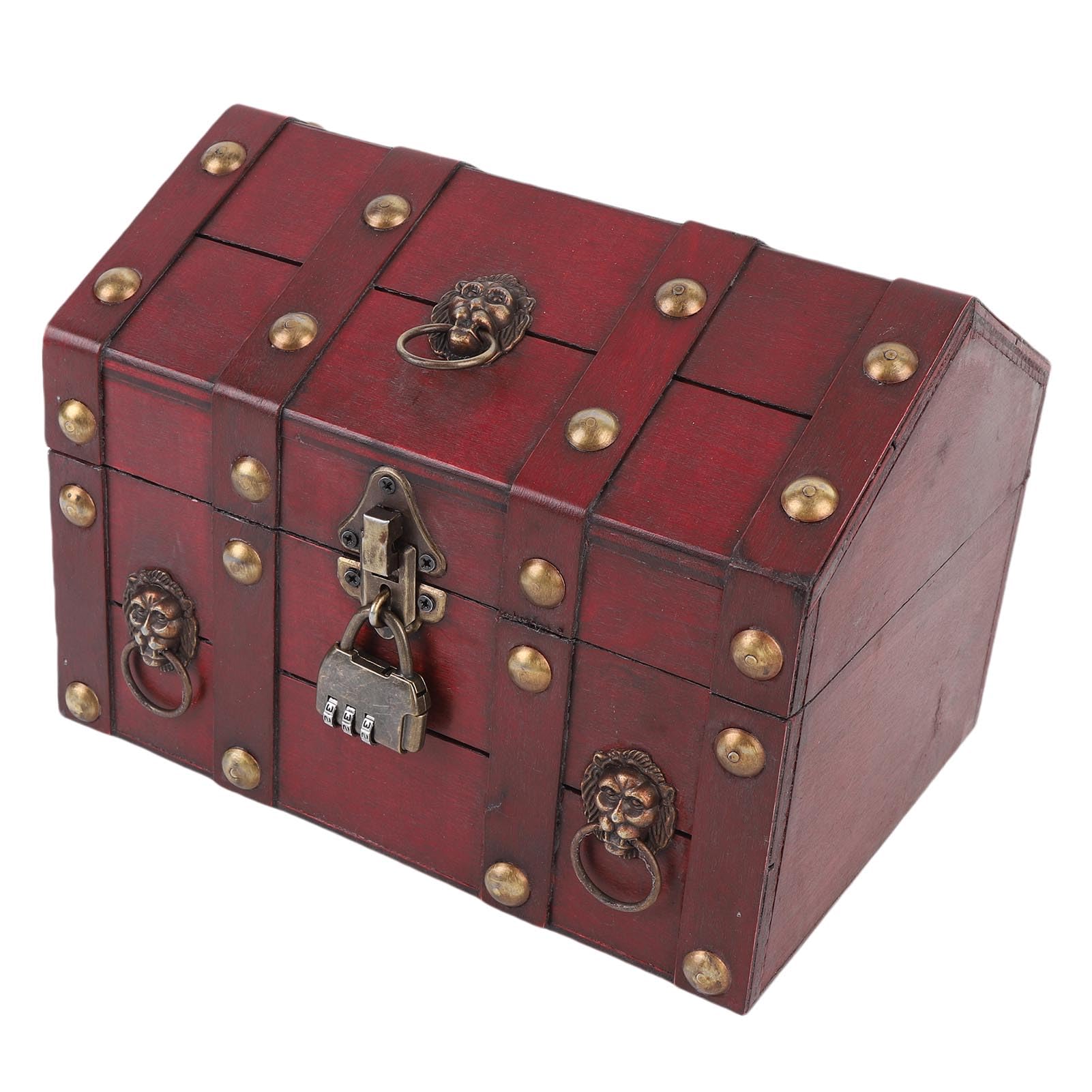 Drewniane pudełko do przechowywania biżuterii w stylu vintage, dekoracyjny organizer na biżuterię z pokrywą na zawiasach i zamkiem na hasło (6300J-01GK10 retro czerwony)