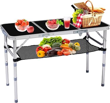 3 FT Folding Camping Table Adjustable Height Portable Table with Storage and Carry Handle, Small Lightweight Aluminum Patio Side Tables for Outdoor Picnic BBQ Backyard, 110 lbs Capacity Black