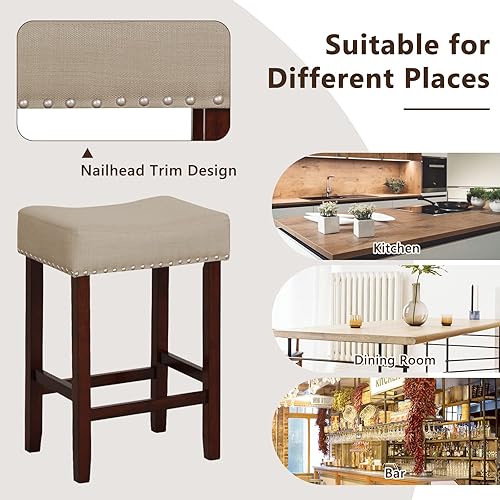 Miniatura 8 de Giantex Juego de 4 taburetes de bar de altura de mostrador de 25 pulgadas, taburetes de bar sin respaldo con asiento de espuma de lino con cabeza de