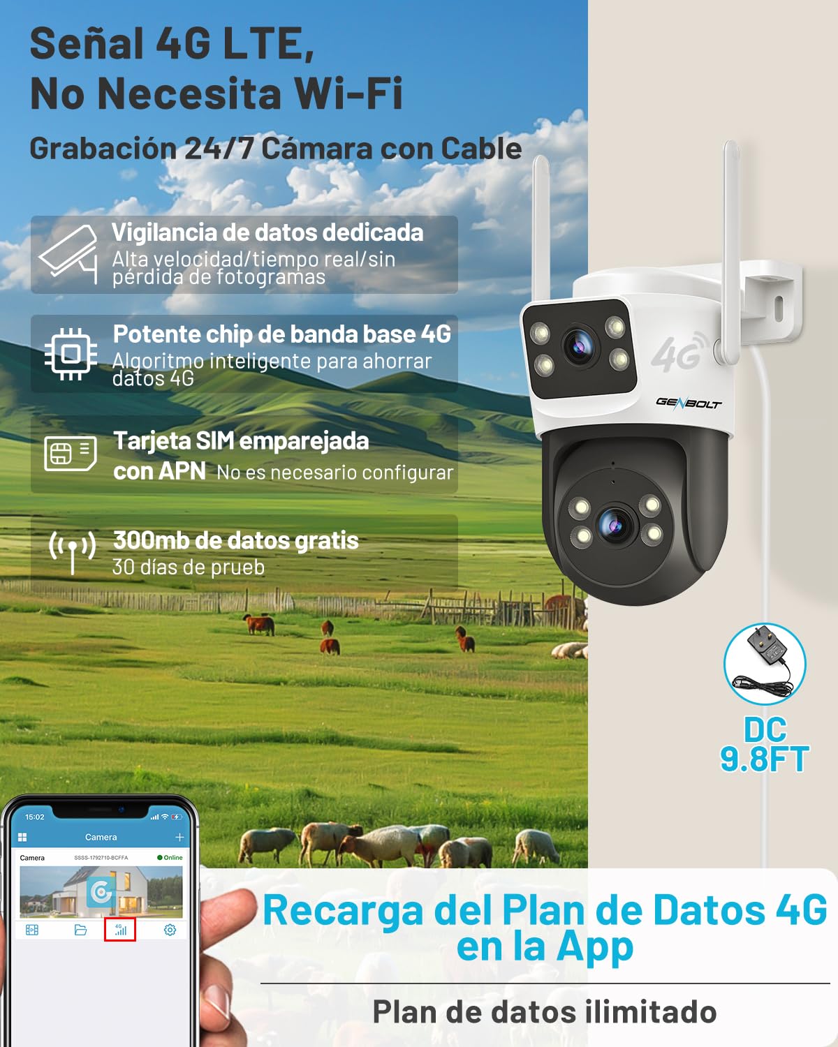 GENBOLT 4G LTE Cámara Vigilancia Exterior con Tarjeta SIM sin WiFi, Doble Lente PoE CCTV Cámara Seguridad Cableada Grabación 24/7, Cámara IP PTZ con Detección Humano Seguimiento Automático