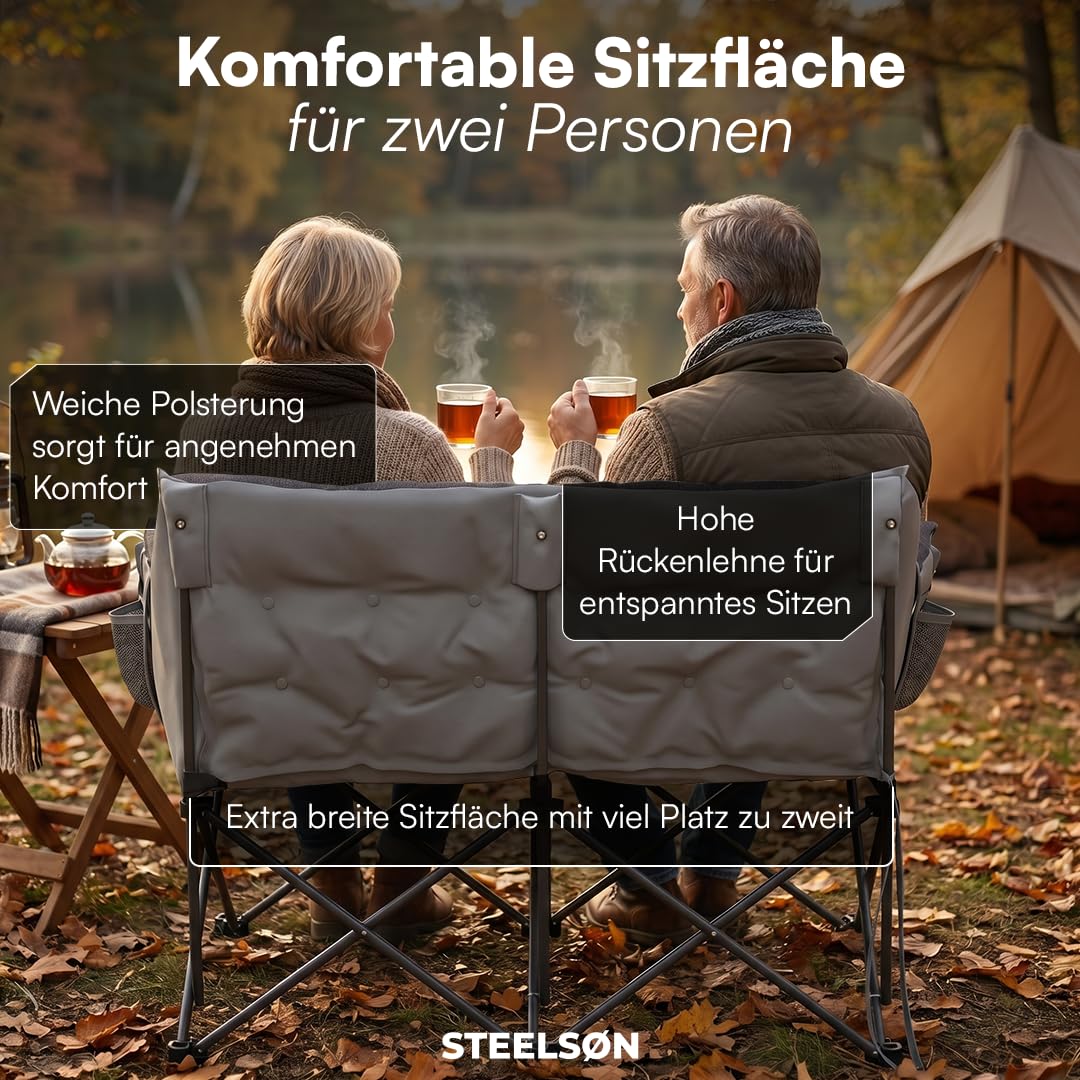 STEELSØN Hoggar Campingstuhl faltbar 2 Personen – Klappstuhl 134cm breit – Camping Sofa mit 2 Seitentaschen & Tragebeutel – Camping Couch 320 kg belastbar – Sitzbank Outdoor - dick gepolstert - grau