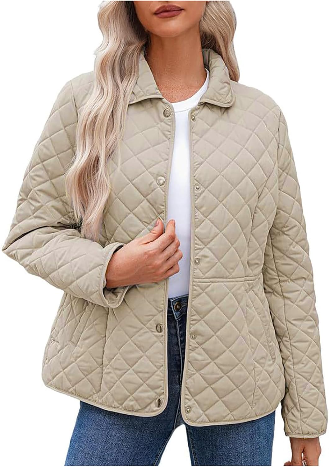 HGps8w Plus Size Quilted Jackets for Women Lapel Collar Winter Warm Lightweight Padded Down Coat Outerwear with Pockets