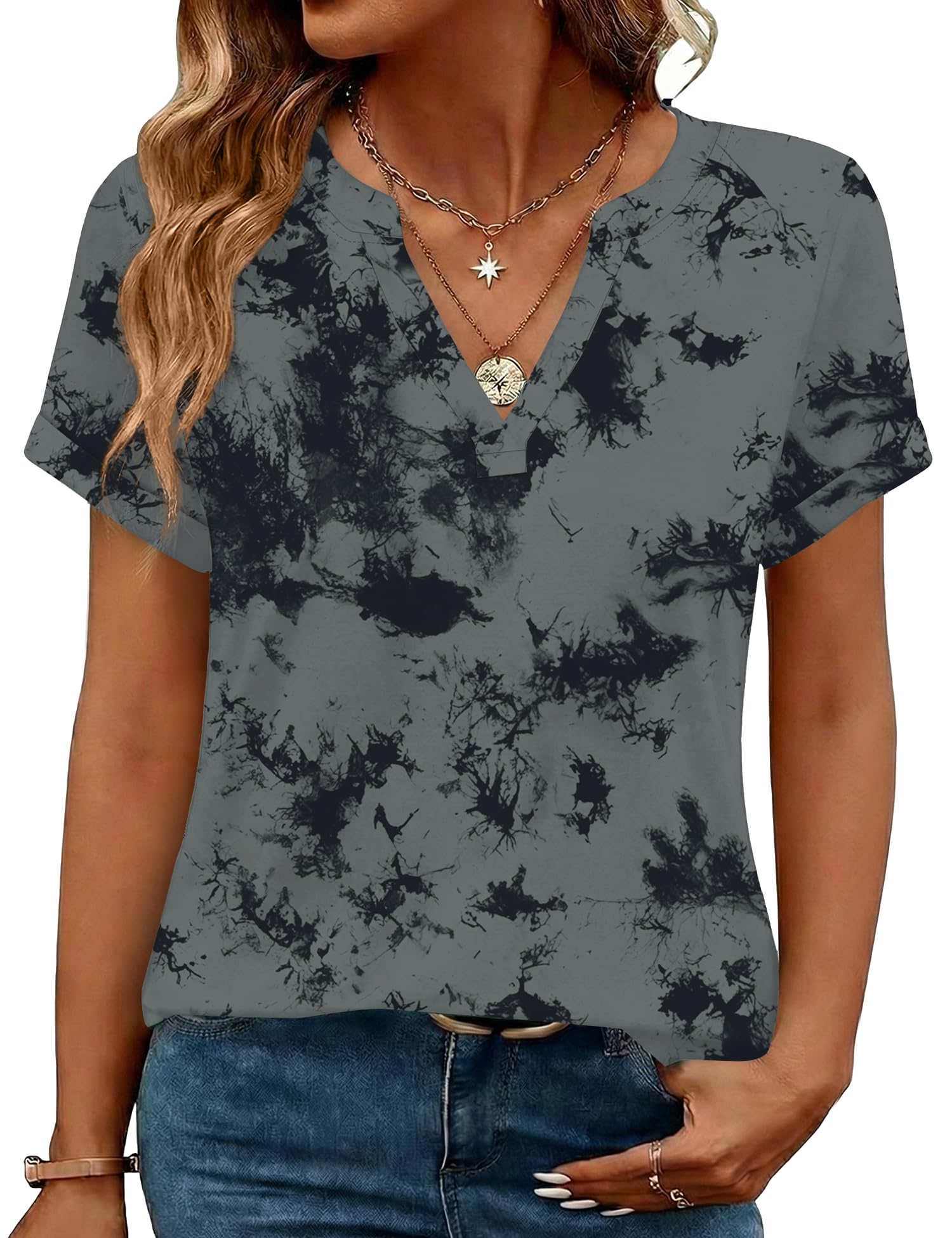Rapbin Damen Bluse Kurzarm V-Ausschnitt Elegant Tunika Sommer Oberteile Casual Locker T-Shirt Freizeit Tops