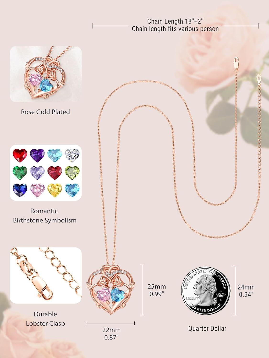 Rose Gold Necklaces for Women Double Birthstone Rose Flower Heart Pendant Necklace Jewelry Anniversary Christmas Valentine's Mother's Day Birthday Gift for Wife Mom Her Girlfriend Sister - Image 3