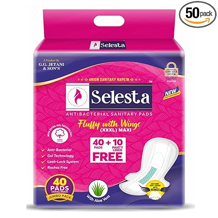 Selesta 100% Cottony Fluffy with Wings (XXXL) Maxi Sanitary Pads for Girls and Women, Sanitary Napkins with Aloe Vera, Super Absorbent Antibacterial Pads (Set Of 1, 40 Pads + 10 Panty Liner)