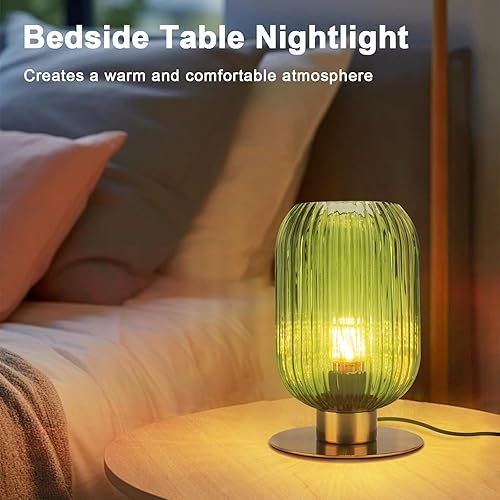 Miniatura 2 de Lámpara de mesa de cristal verde, lámpara de mesa moderna de mediados de siglo, lámpara de noche dorada vintage con base de metal de latón, lámpara