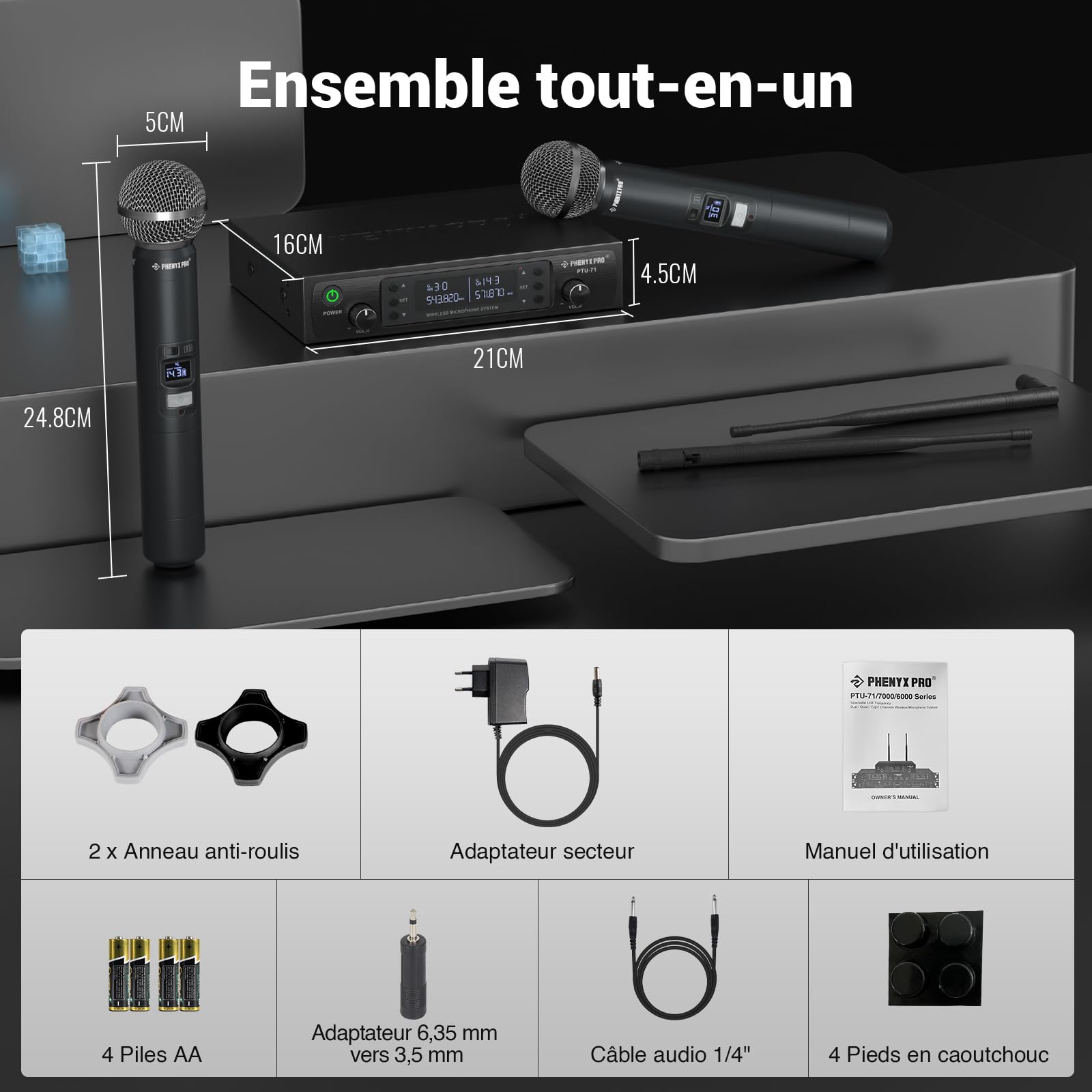 Phenyx Pro Système de Microphone sans Fil PTU-71A, 2x100 Canaux UHF, 328ft Range, Microphone pour Chant