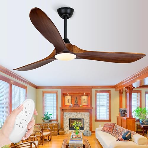 Miniatura 9 de Modernos ventiladores de techo negros sin luces, ventilador de techo de madera de 52 pulgadas para patio con motor CC reversible remoto, ventilador
