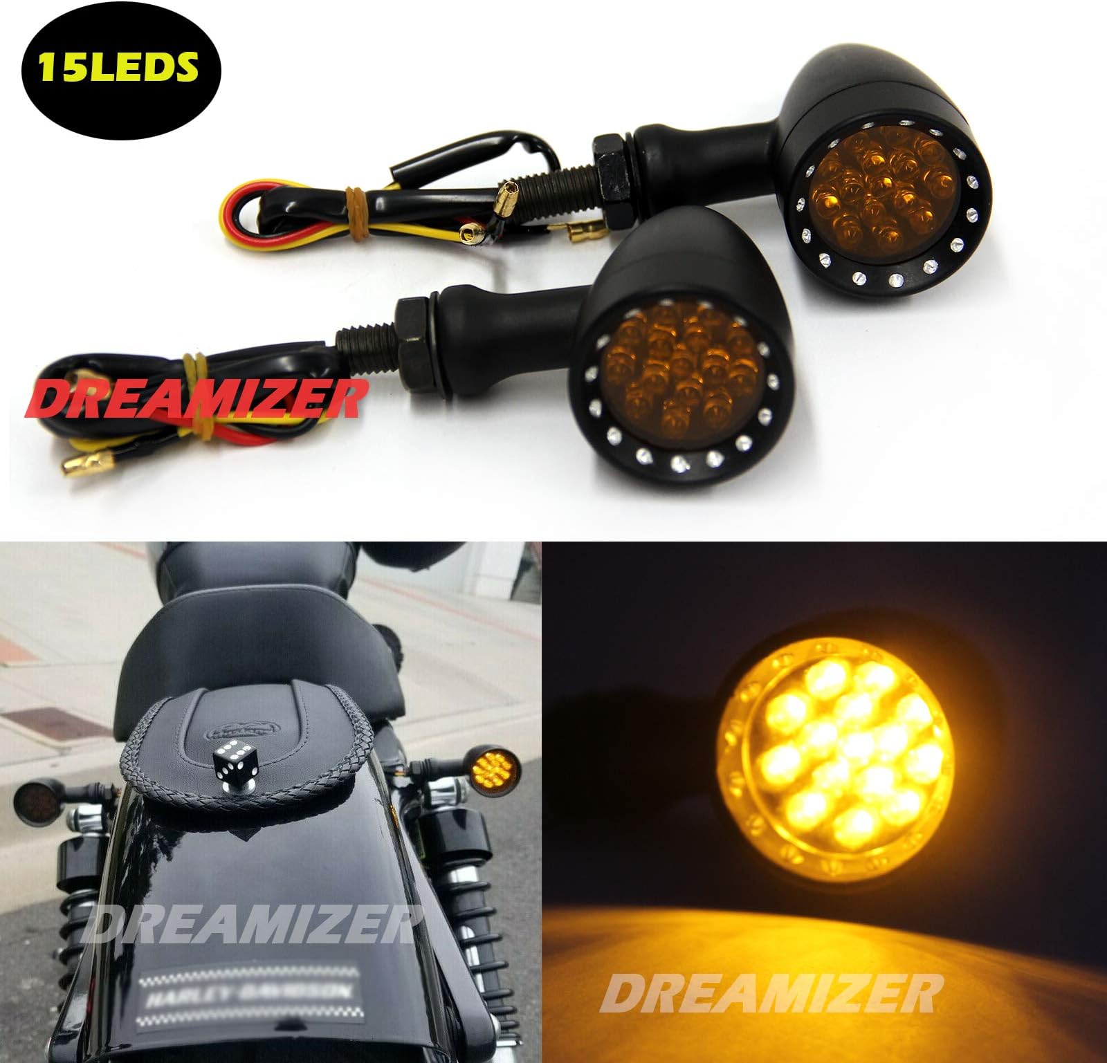 DREAMIZER Motorcycle Bullet Turn Signals Light LED Aluminium Alloy Indicator lamp for Cafe Racer Bobber Shadow 750 CX500 - Black Housing Amber Light