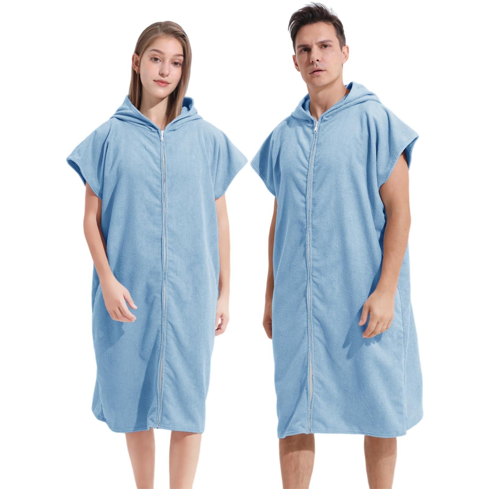 Treer Hooded Towel Poncho Adult, Changing Robe Towel Women Mens Beach Poncho with Hood and Zip Changing Robe Beach Quick Dry Microfibre for Swimming Surfing (CS18 Light Blue,72x109cm)