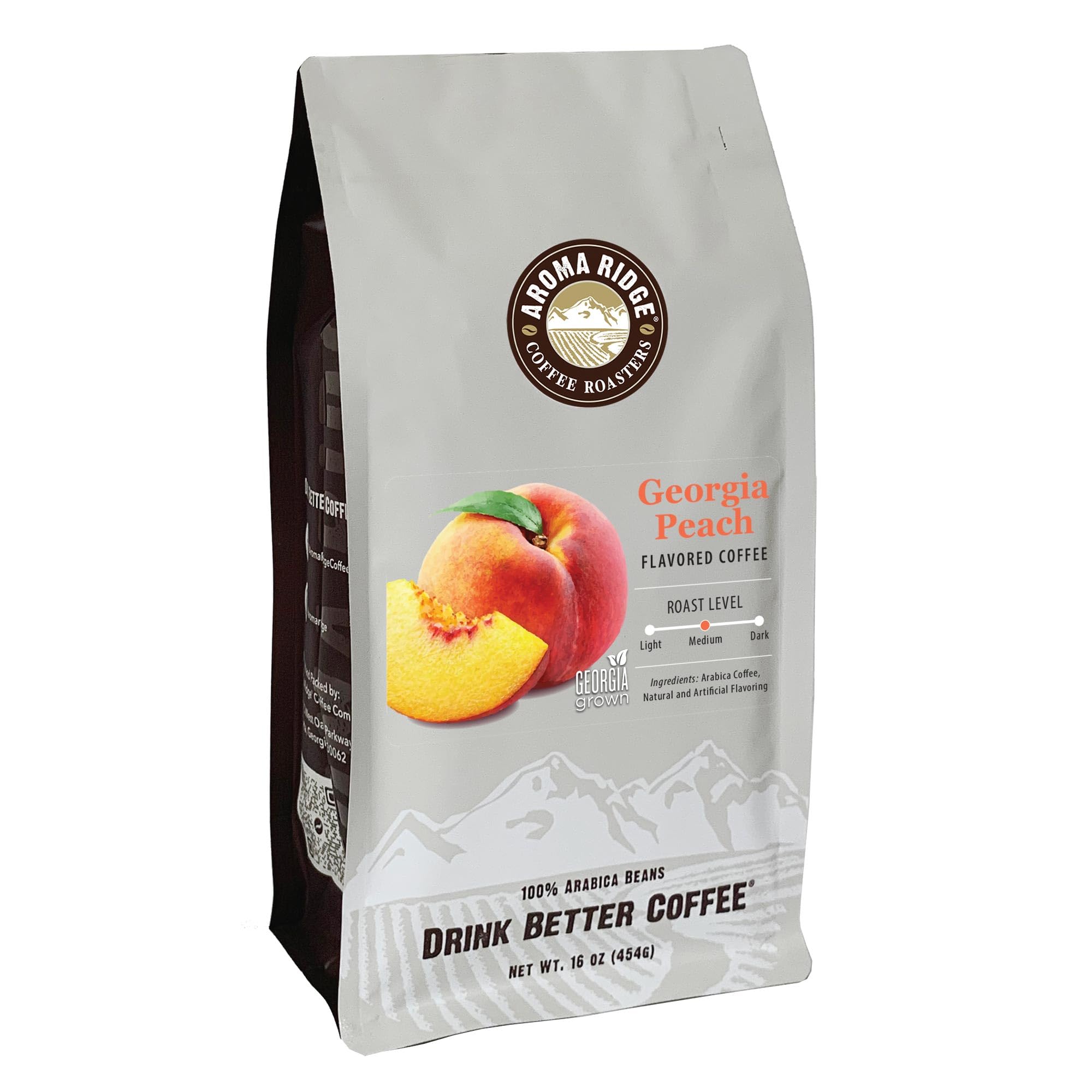 Aroma Ridge Georgia Peach Flavored Coffee, Fresh Roasted, Whole Bean, 1 pound bag