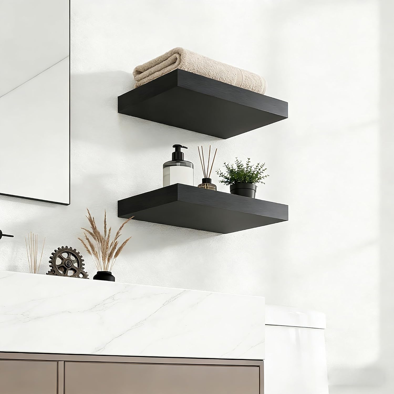 Heavy Duty Solid Wood Core Floating Shelves, 15.7"L x 9.25"D Wall Mounted Shelves with Invisible Brackets, 50lbs Capacity for Living Room Bedroom Bathroom Kitchen Over Toilet, Black Set of 2