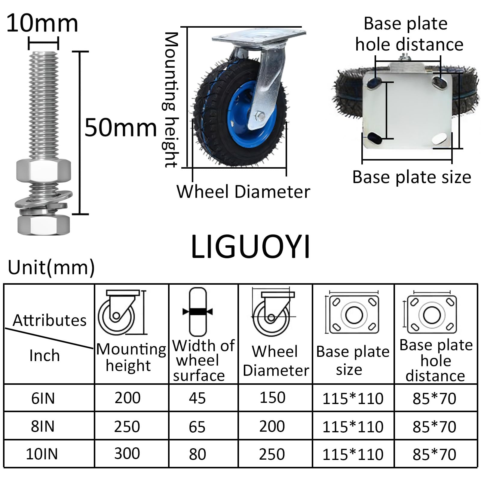 LIGUOYI Ruedas Giratorias Grandes De Servicio Pesado con Freno, Ruedas Fijo De Transporte De 150/200/250MM Tranquila Y Fácil De Deslizar Duradero 2 Pcs Ruedas para Muebles para Carro Móvil