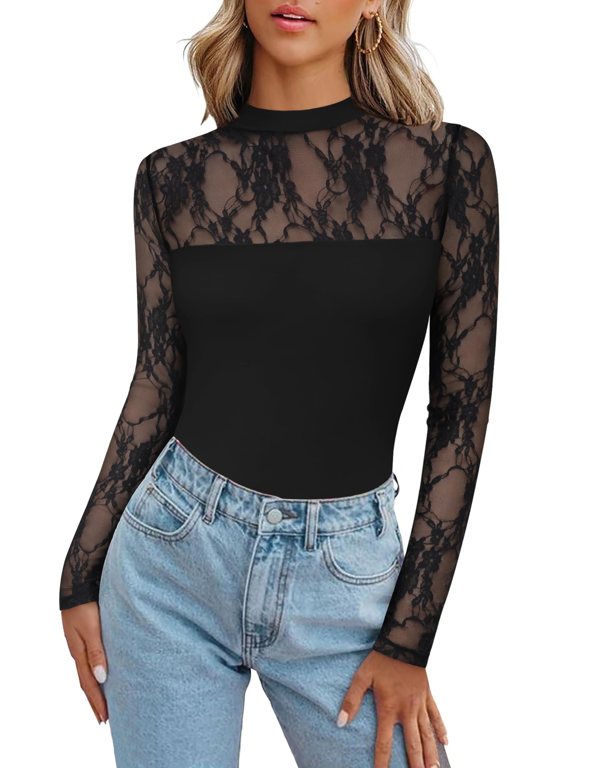 Long Sleeve Shirts for Women's Lace Tops Mesh Sheer Crew Neck Shirts Sexy Fall Going Out Blouse