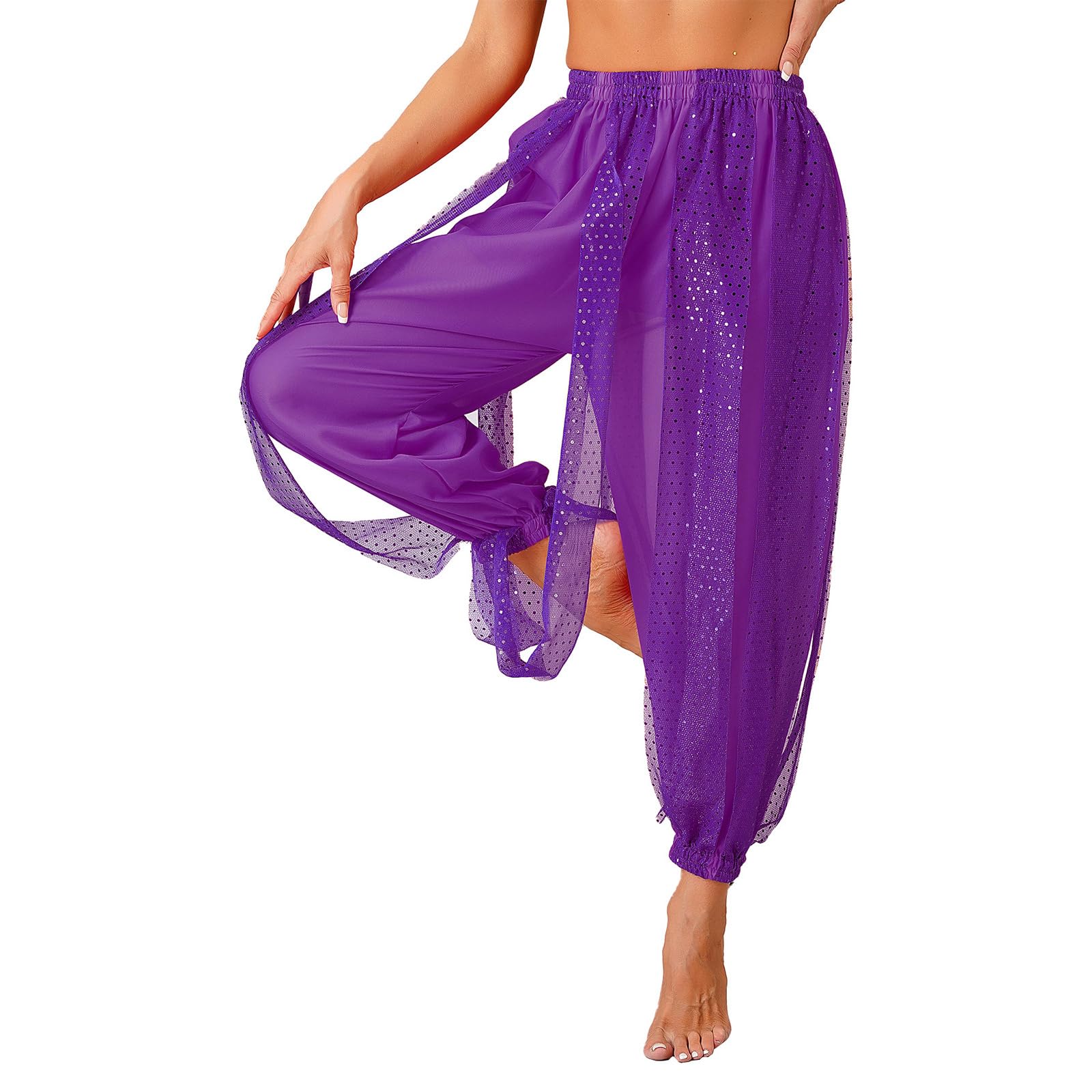 YEAHDOR Women Belly Dance Costume Harem Pants Sequines Dots Yoga Pants Indian Arabic Bloomer Trousers Purple One Size