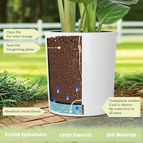 Miniatura 5 de SAROSORA Macetas grandes redondas con autorriego de 12.5 pulgadas, paquete de 2 unidades para el hogar, jardín, patio, árbol alto (blanco, paquete