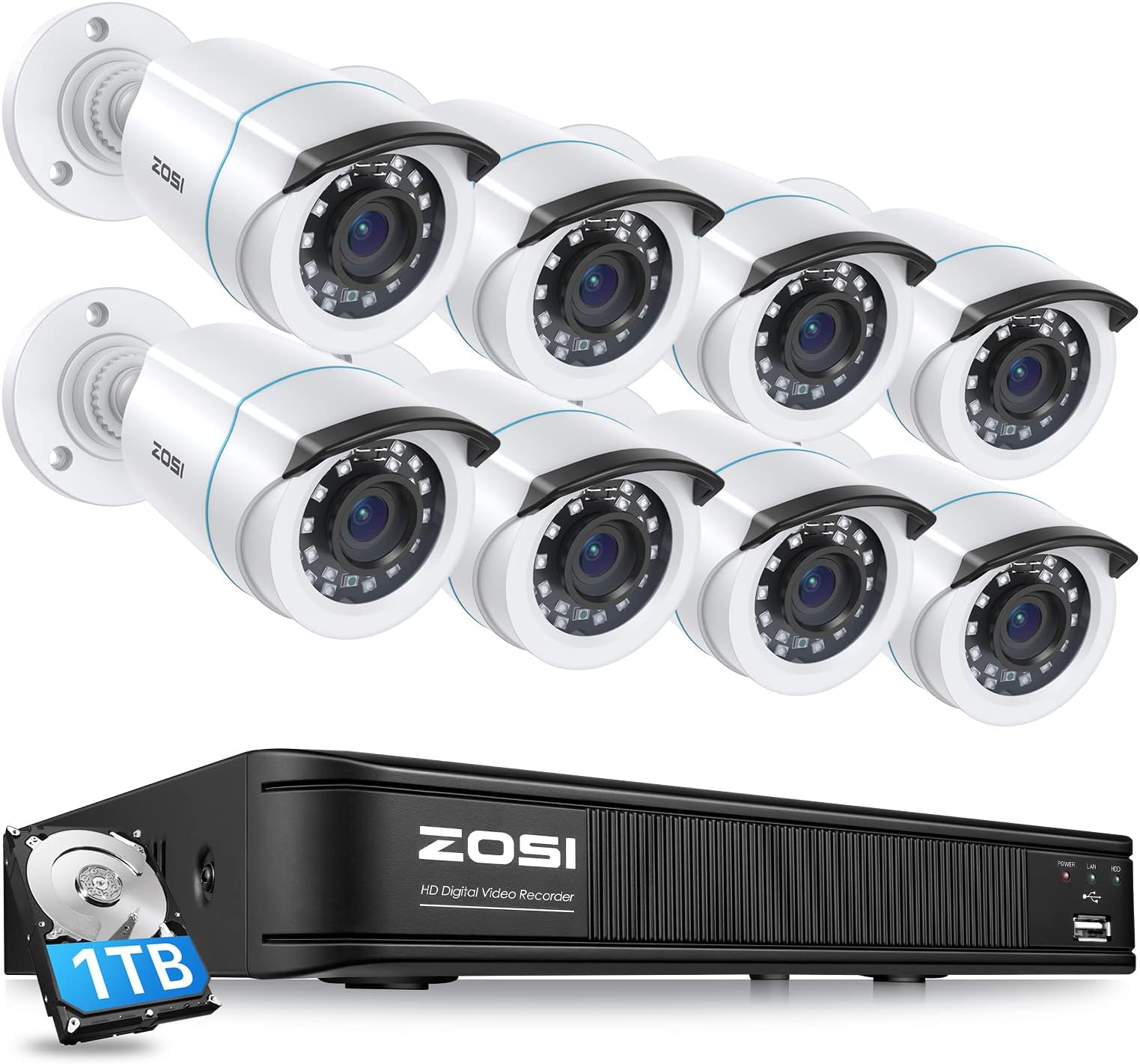 ZOSI 8-Channel HD-TVI 1080P Lite Video Security Camera System, Surveillance DVR and (8) 1. 0MP 1280TVL Indoor/Outdoor Weatherproof Bullet Cameras with 65ft(20m) IR Night Vision LEDs- 1TB HDD Built-In