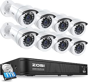 ZOSI H.265+ Home Security Camera System with AI Human Vehicle Detection, 5MP 3K Lite 8 Channel CCTV DVR Recorder and 8 x 1080p Weatherproof Bullet Camera Outdoor Indoor, 80ft Night Vision, 1TB HDD asin的图片