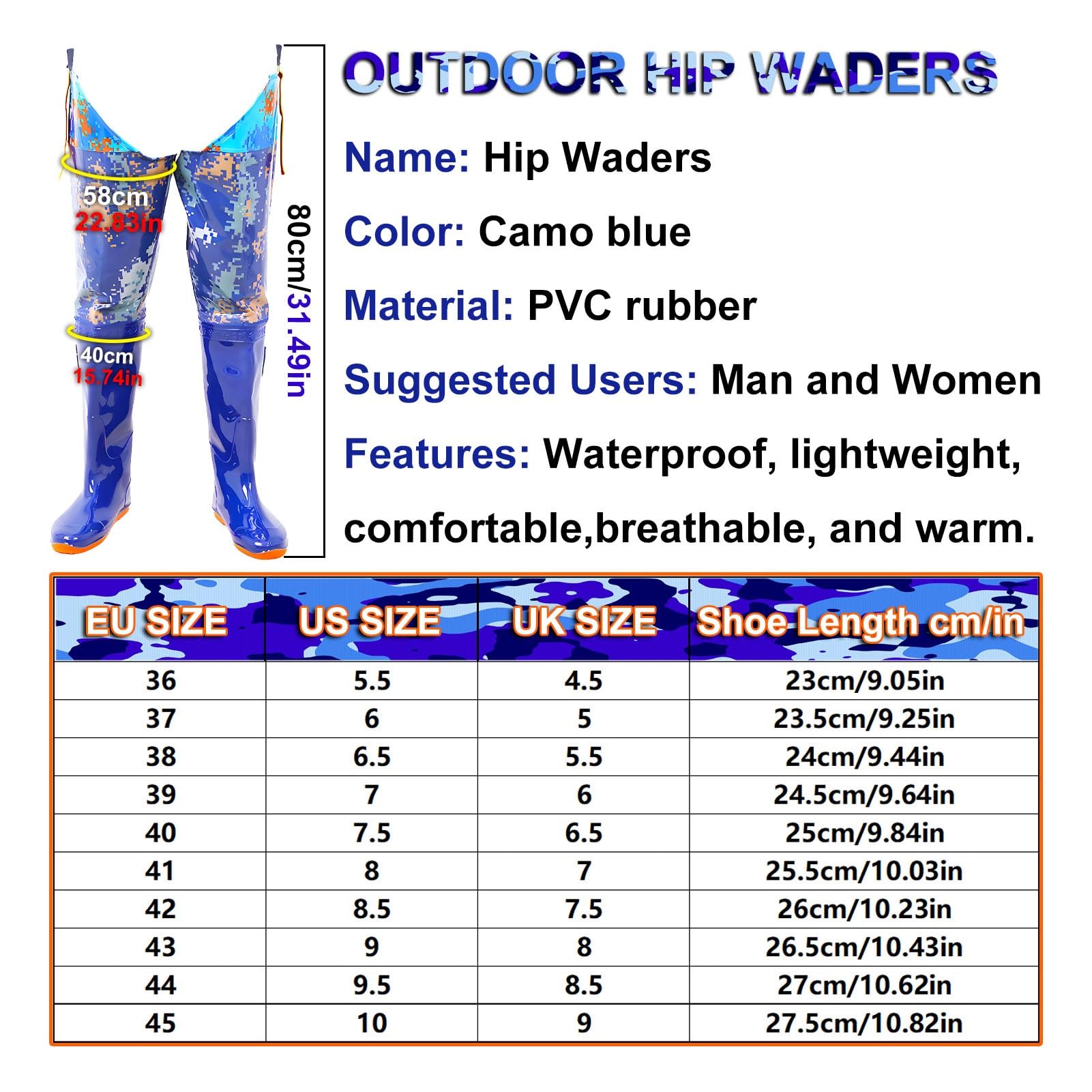 Hip Waders Wodery Wędkarskie Blue Camo, Odporne Na Olej, Z Mocniejszym Uchwytem, ​​do Brodzenia I Wydobywania Piasku