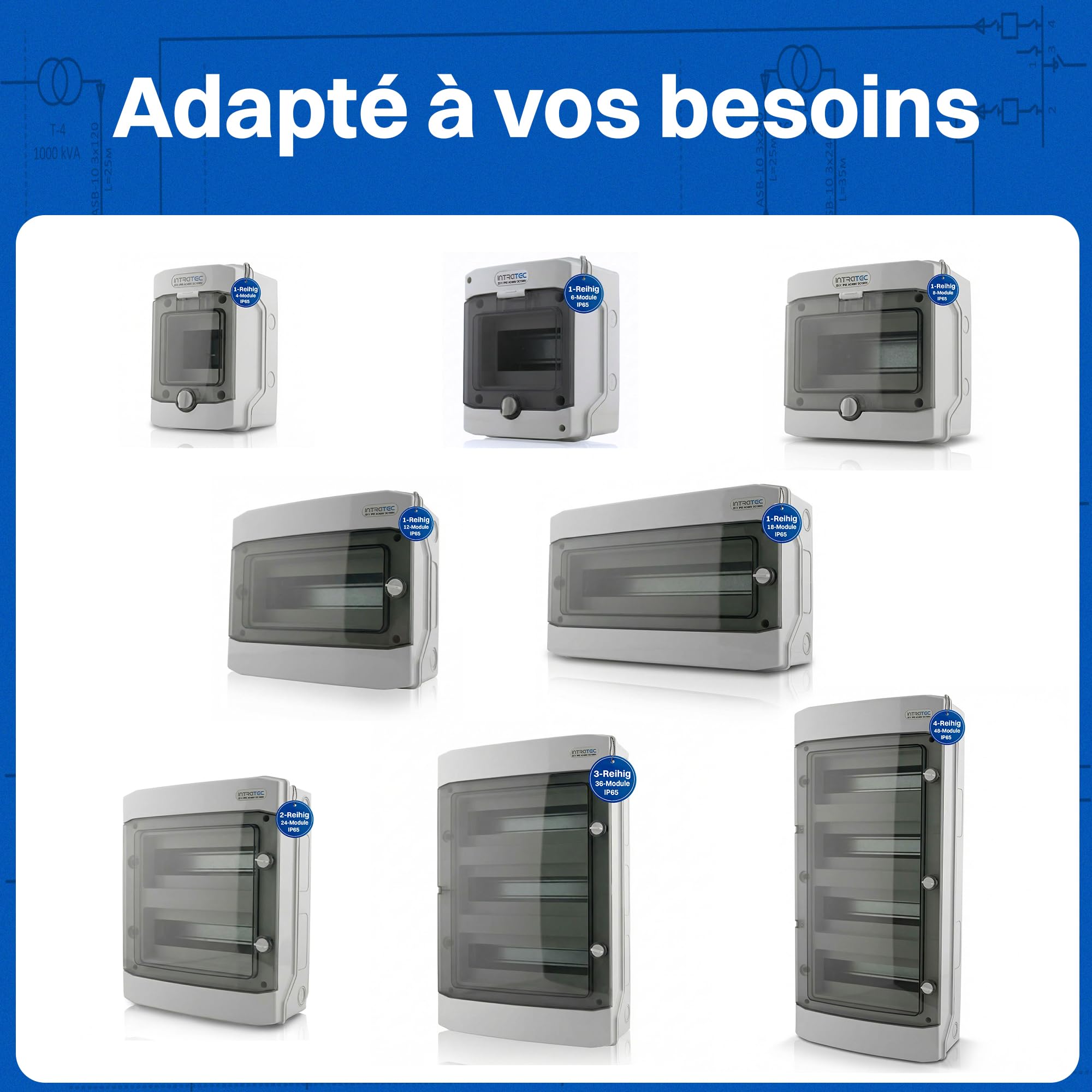 Intratec Coffret de Distribution en Saillie 2 Rangée IP65 – Coffret Électrique pour 24 Modules DIN – Enceinte Étanche Extérieur Garage Cave Jardin – 400VAC 1500VDC – 318 x 384 x 144 mm