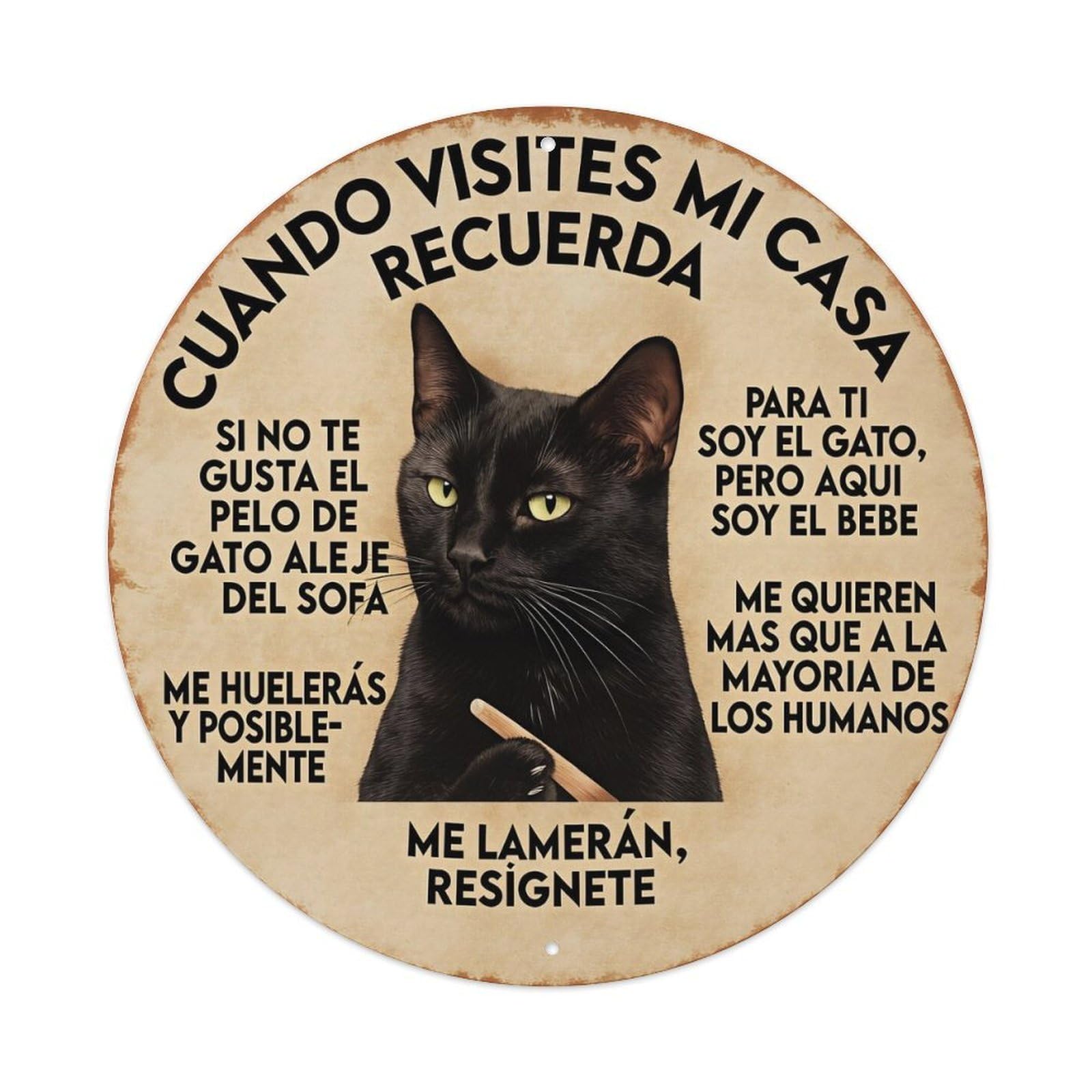 Black Cat With Spanish Text Vintage Metal Tin Sign Retro Wall Decor for Home Bar Garage Cafe, Indoor & Outdoor Decorative，circle Metal Poster, 8x8 Inch