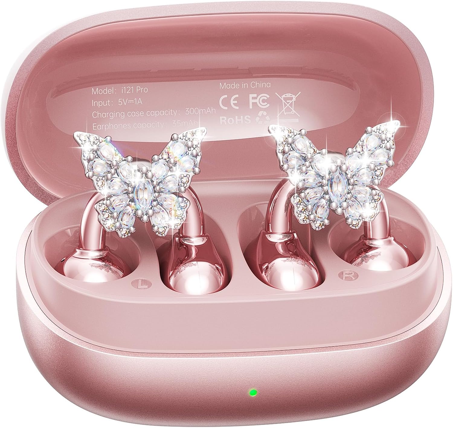 Kinglucky Gen2 Clip-On Earbuds with Butterfly Earrings, Charge & Store Without Removing Earrings, Comfortable Fit & 50H Playtime Bluetooth Open Ear Headphones for Women, Small Ears, Gifts (Rose Gold)