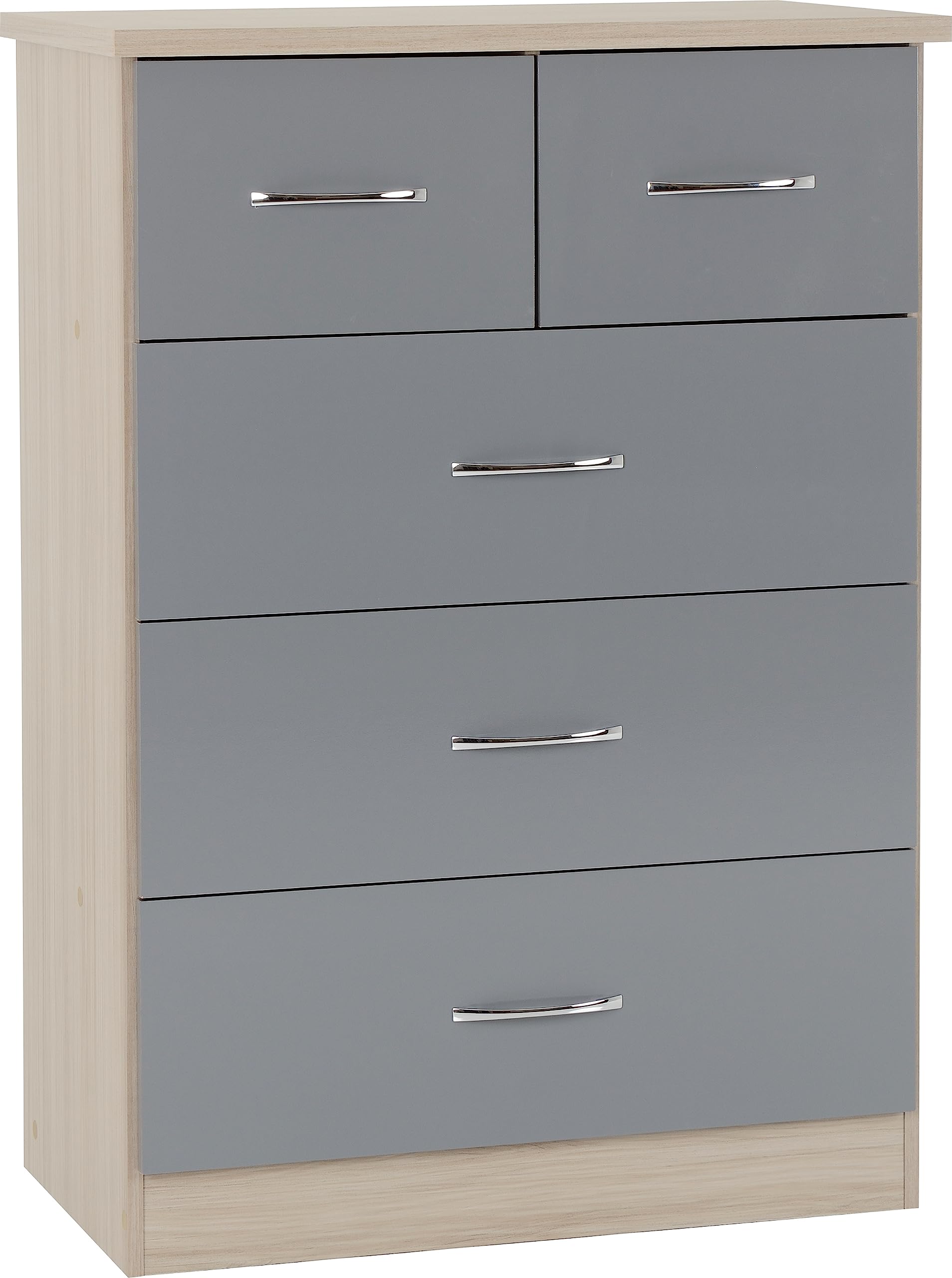 Seconique Nevada 3+2 Drawer Chest - Grey Gloss/Light Oak Effect Veneer - 5 Drawers - H115.5cm x W81cm