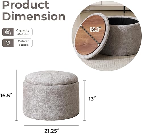 Miniatura 2 de Otomana moderna redonda de almacenamiento con tapa de bandeja reversible, taburetes otomanos de chenilla, reposapiés otomano con almacenamiento