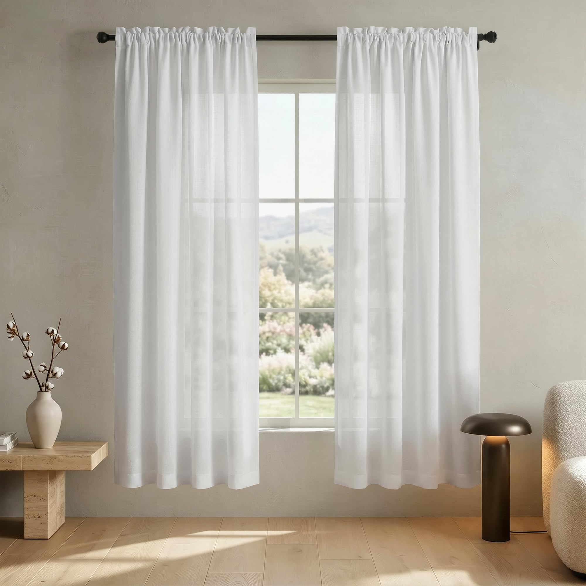 Mrs.Naturall - White Pure Linen Curtains 38 Inch Width 2 Sets for Windows Semi Sheer Curtains Rod Pocket Sheer Curtains for Bedroom Living Room Style