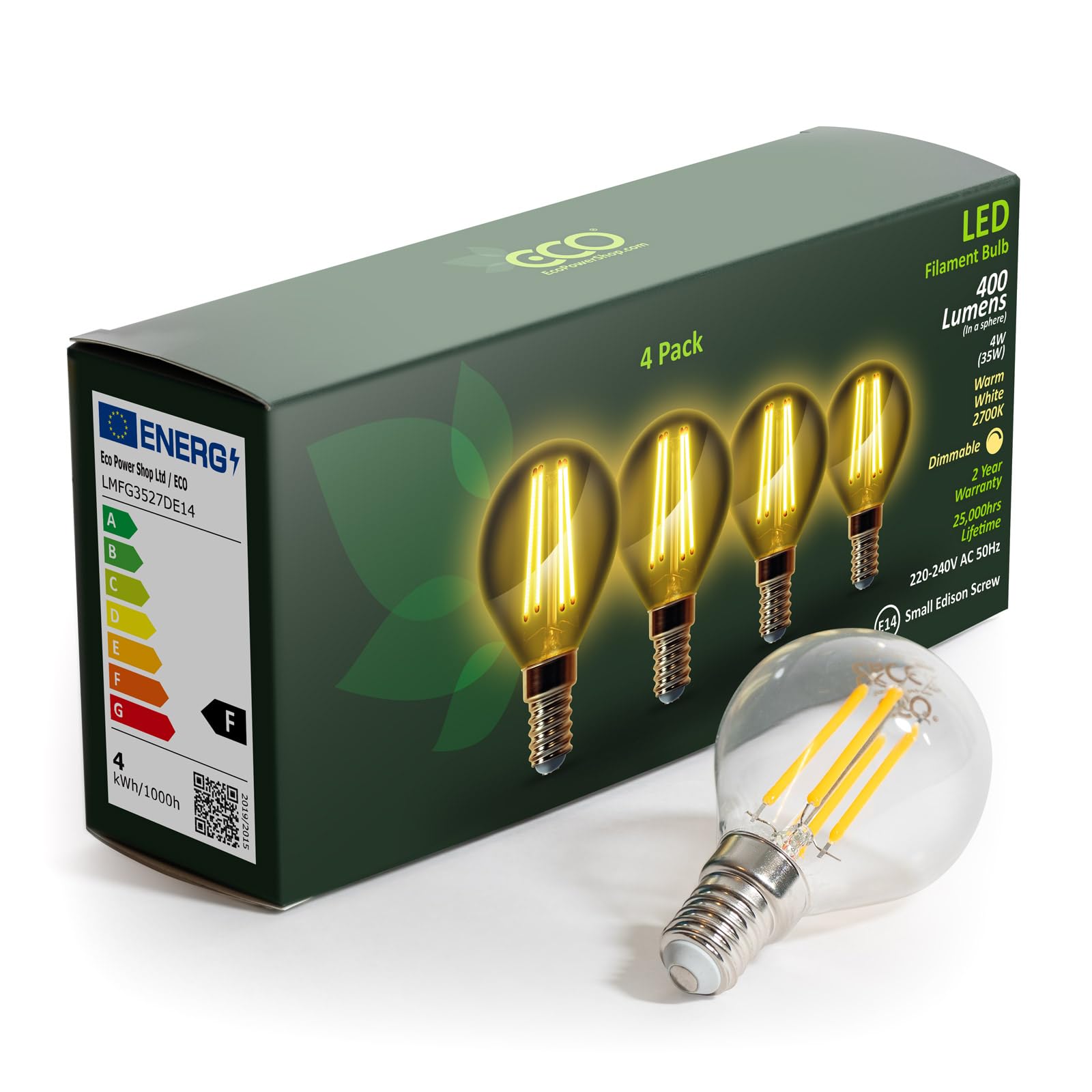 ECO 4W Dimmable Golf Ball LED Filament Light Bulb (G45), 35W Equivalent, 400 Lumens, Warm White 2700K, E14 Small Edison Screw (SES), 25,000hrs Lifetime.