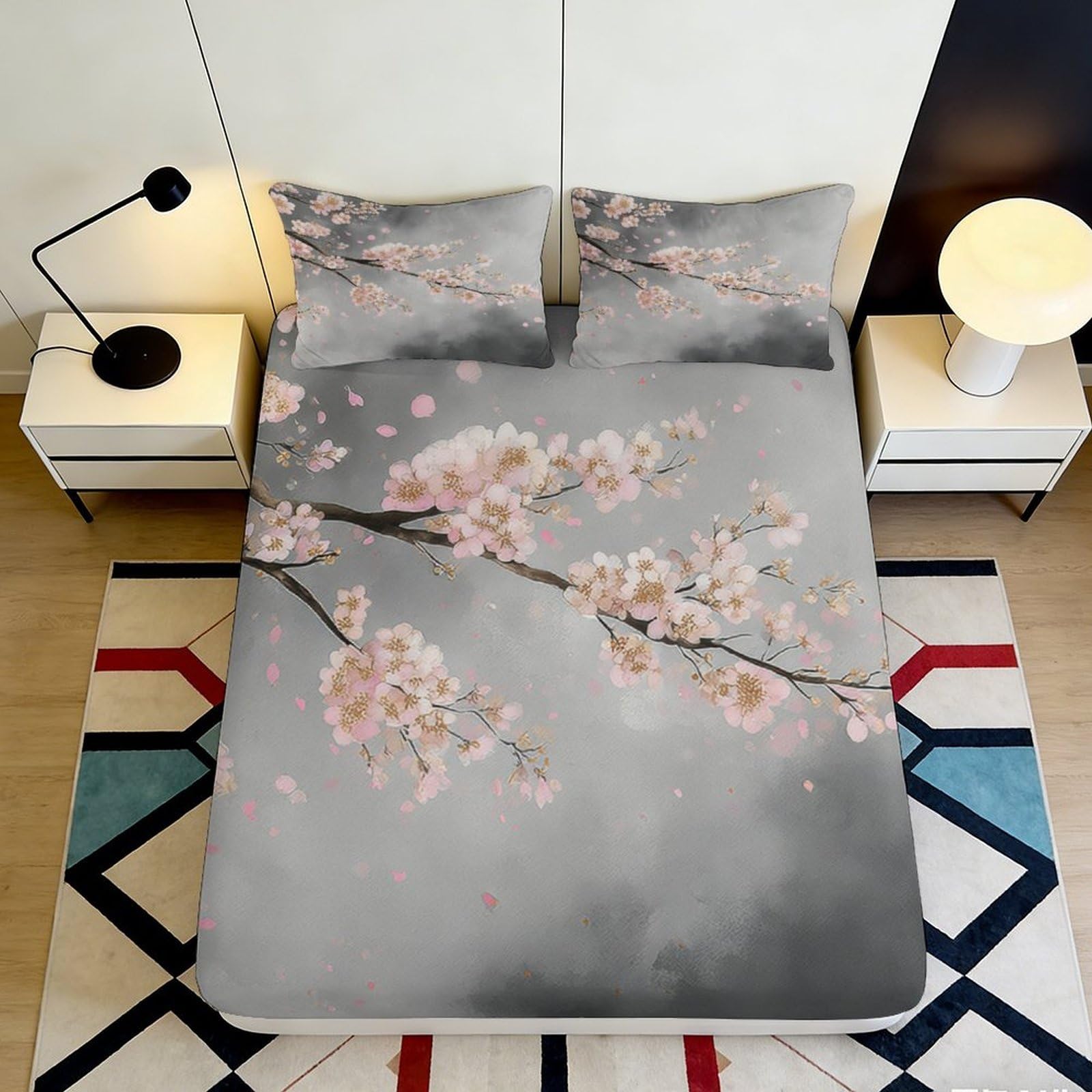 3D Printed Sakura Blossom Fitted Sheet Microfiber Soft Grey Gradient Plum Branch Mattress Cover for Bedroom Decor 90x200x25cm
