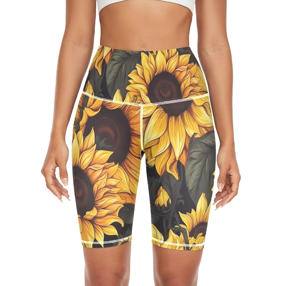 ZENWAWA Women's Biker Shorts Black Yellow Sunflower with
