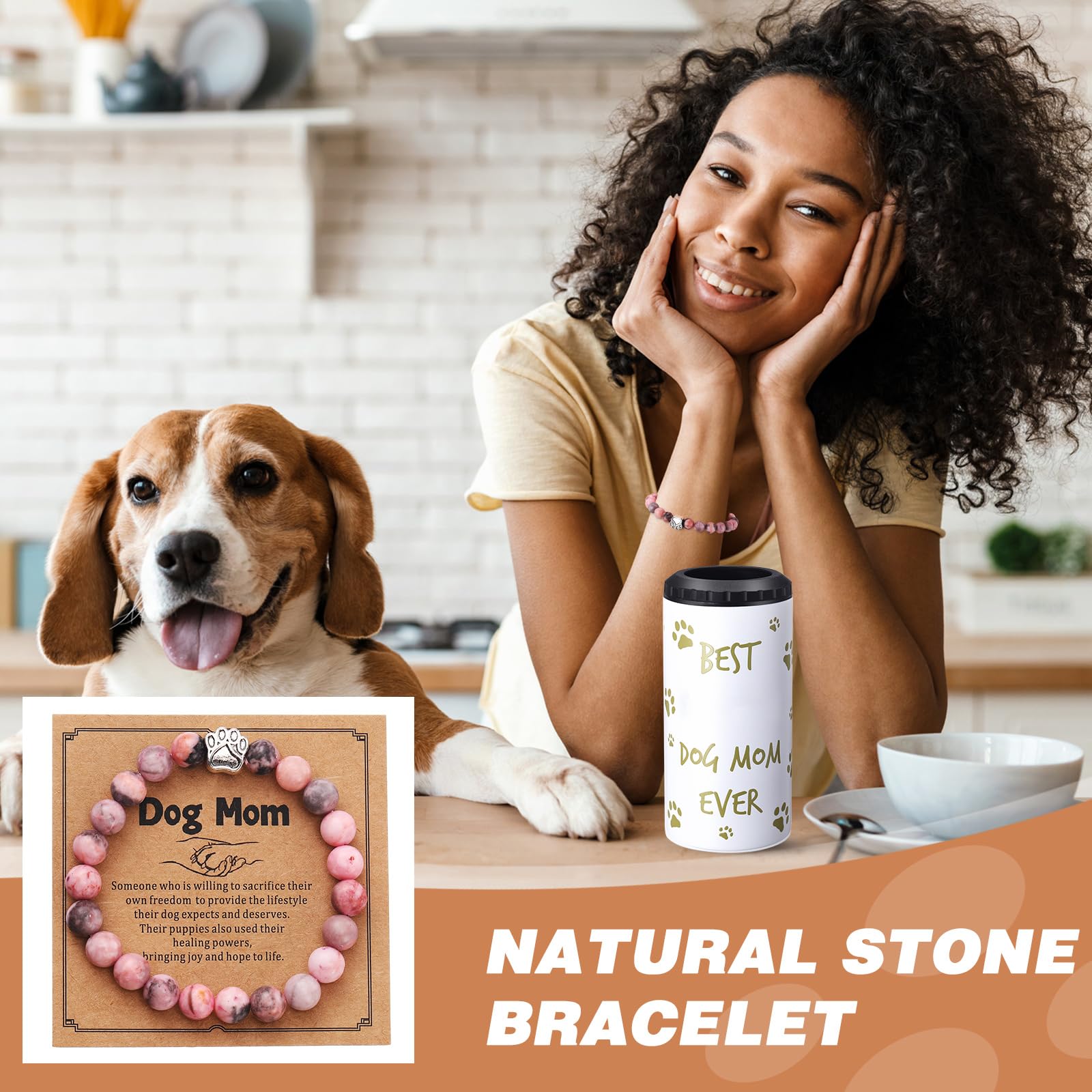 Zopeal 7 Pcs Dog Mom Dog Lover Gifts for Women Puppy Gift Basket with 16 oz 4 in 1 Tumbler Socks Makeup Bag Natural Stone Paw Bracelets Ink Pad Keychain for Mother's Day Birthday Party Gifts
