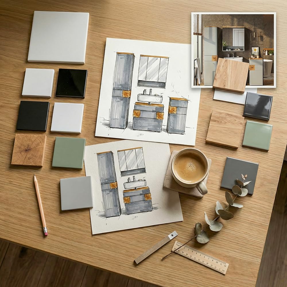 Vicco Badmöbel-Set Eden, Weiß Hochglanz, 73 cm, besteht aus Waschbeckenunterschrank, Spiegelschrank, Hochschrank, Midischrank und Hängeschrank