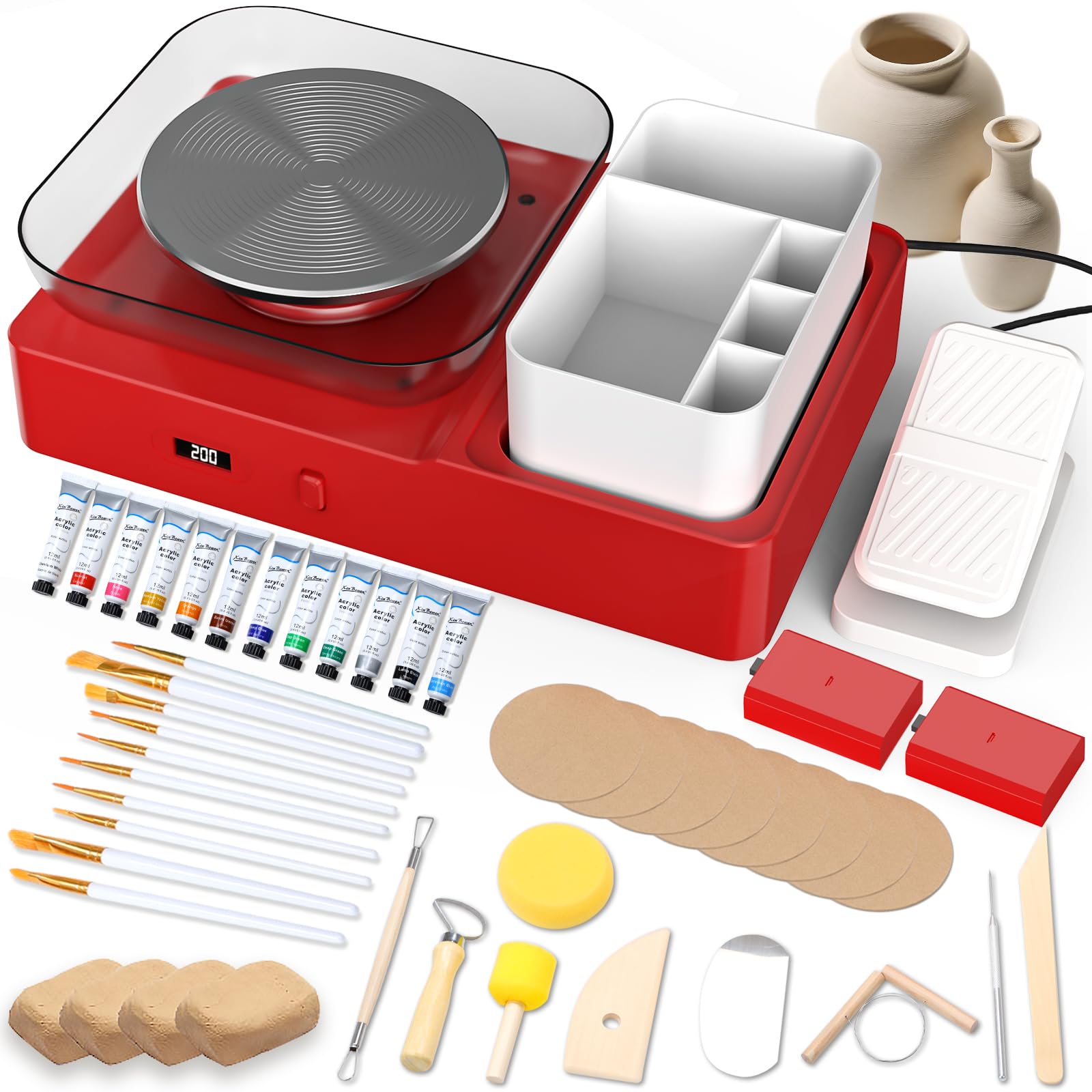 Skirfy Pottery Wheel for Adults Kids,Complete Pottery Set for Beginners with 6.3" Turntable with Two-Way Rotation,Craft Kits Toys Birthday Gifts for Boys Girls(Red)