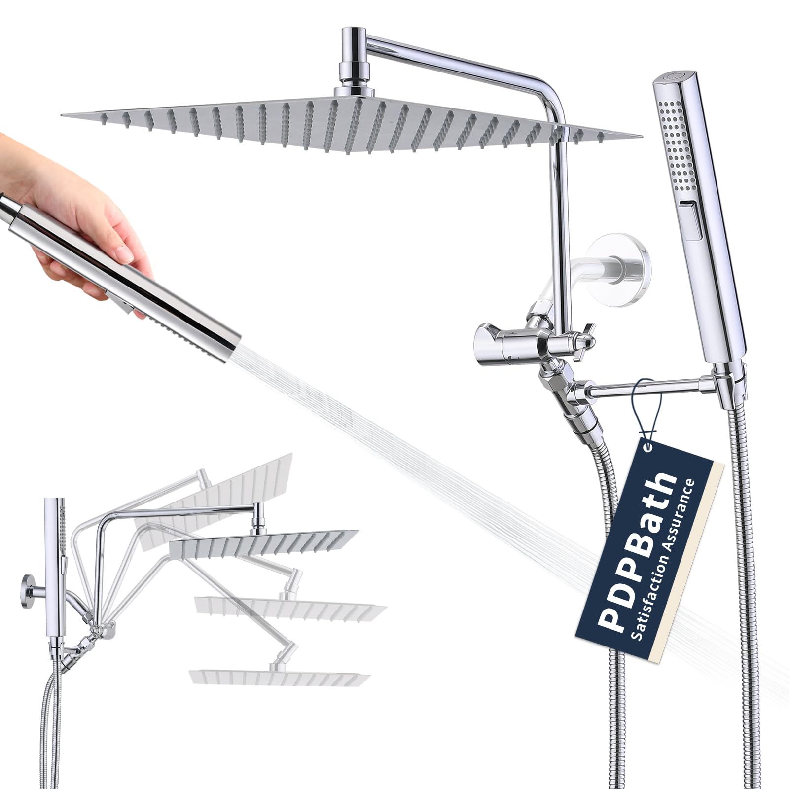 PDPBath Całkowicie metalowa głowica deszczowa 30 cm z ręcznym zestawem natryskowym, wysokociśnieniowa głowica prysznicowa z regulowanym ramieniem przedłużającym w kształcie litery Z, 200 cm bardzo