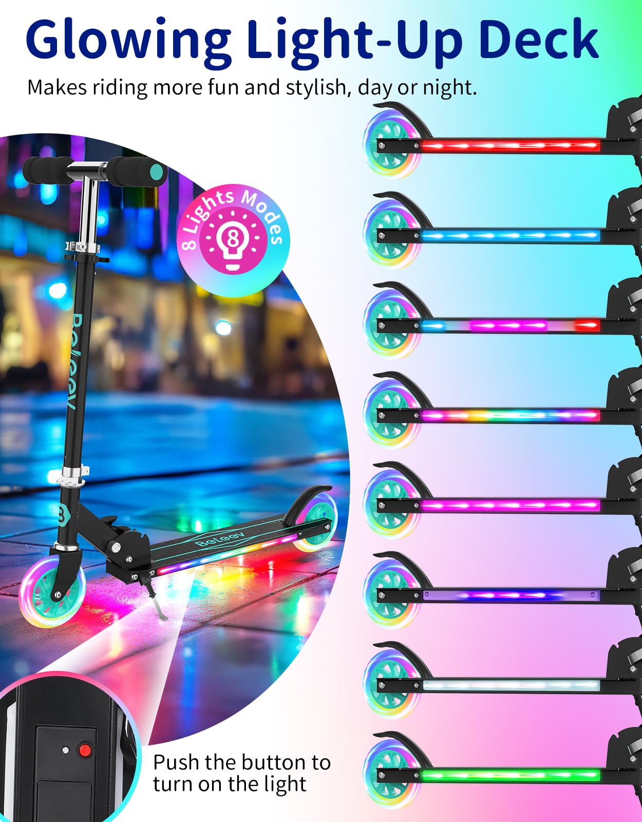 BELEEV V1Plus Roller Kinder 6 Jahre, Faltbare Scooter Kinder mit LED Leuchtenden Räder und Deck, 3 Höhenverstellbarer, Rutschfestes Deck, 2 Räder Kinderroller mit Ständer für Mädchen Jungen 3-12 Jahre