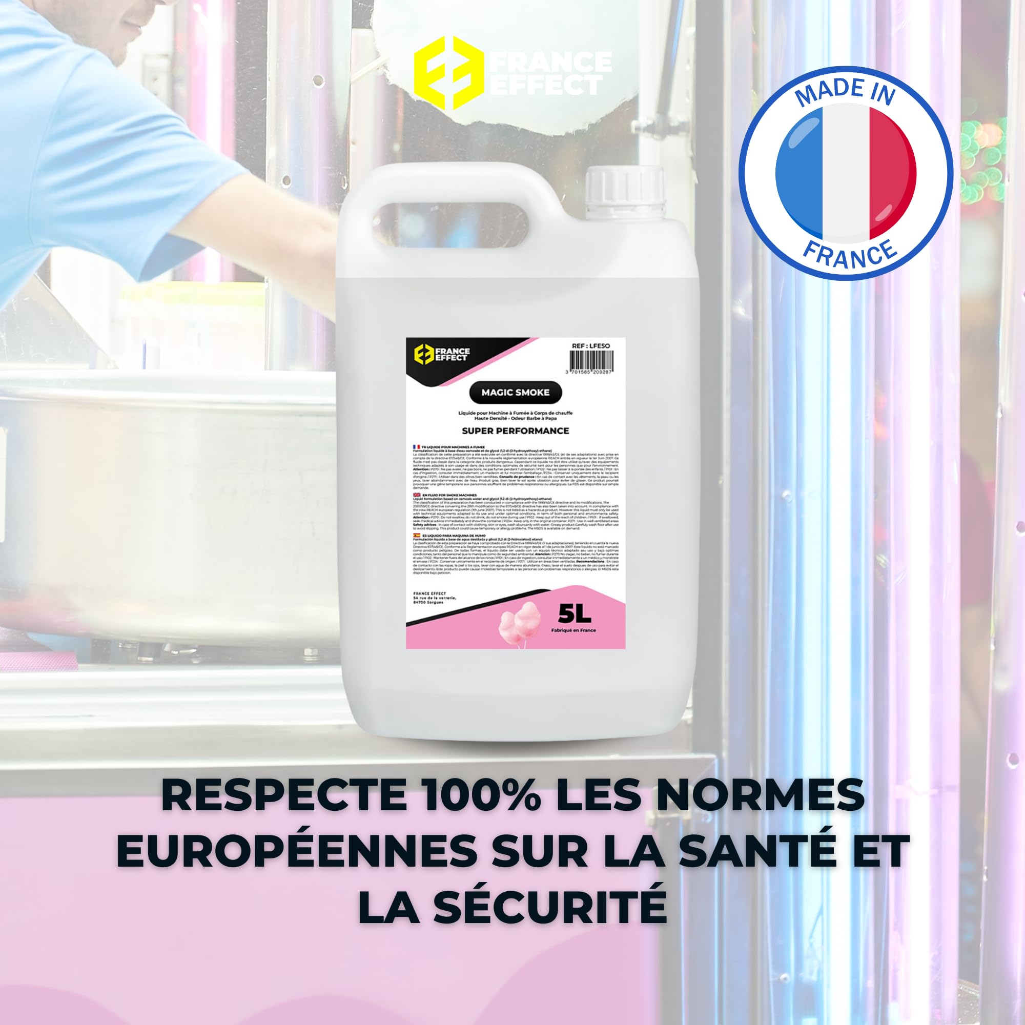 France Effect Magic Smoke® 5L Liquide à fumée parfumé à la barbe à papa - Liquide fumée haute densité pour les machines à fumée - Parfait pour les événements et les attractions - Fabriqué en France
