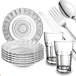 Kit Jantar 30 Peças – 6 Pratos Fundos Estrela, 6 Copos Vidro Sydney 350ml, 18 Talheres Aço Inox – Elegância, Qualidade e Sofisticação para Sua Mesa