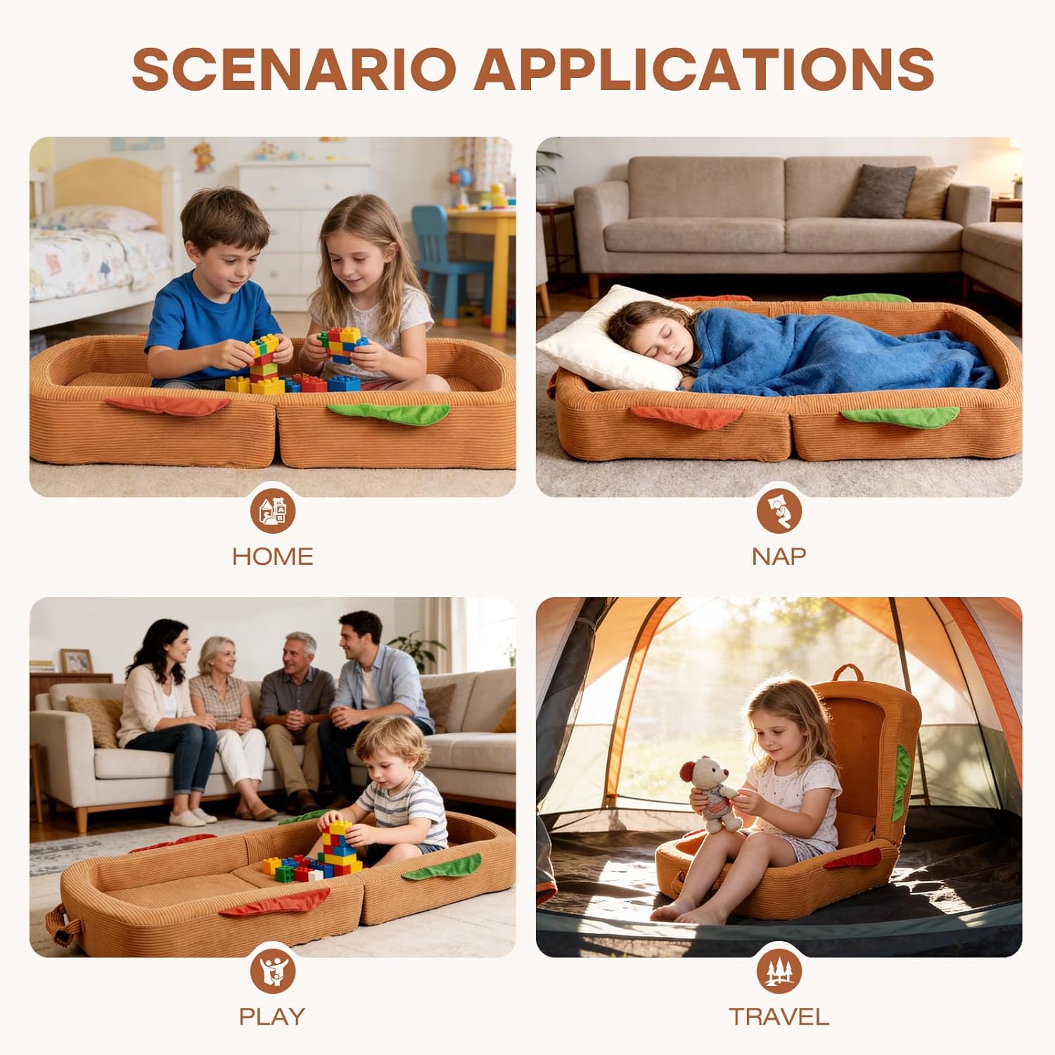 Toddler Travel Bed Sandwich Style - Portable Toddlers Floor Beds, Foldable Soft Foam Travel Crib for Baby and Kid, Washable Cover Toddler Cot with Safety Rail for Travel, Medium Size