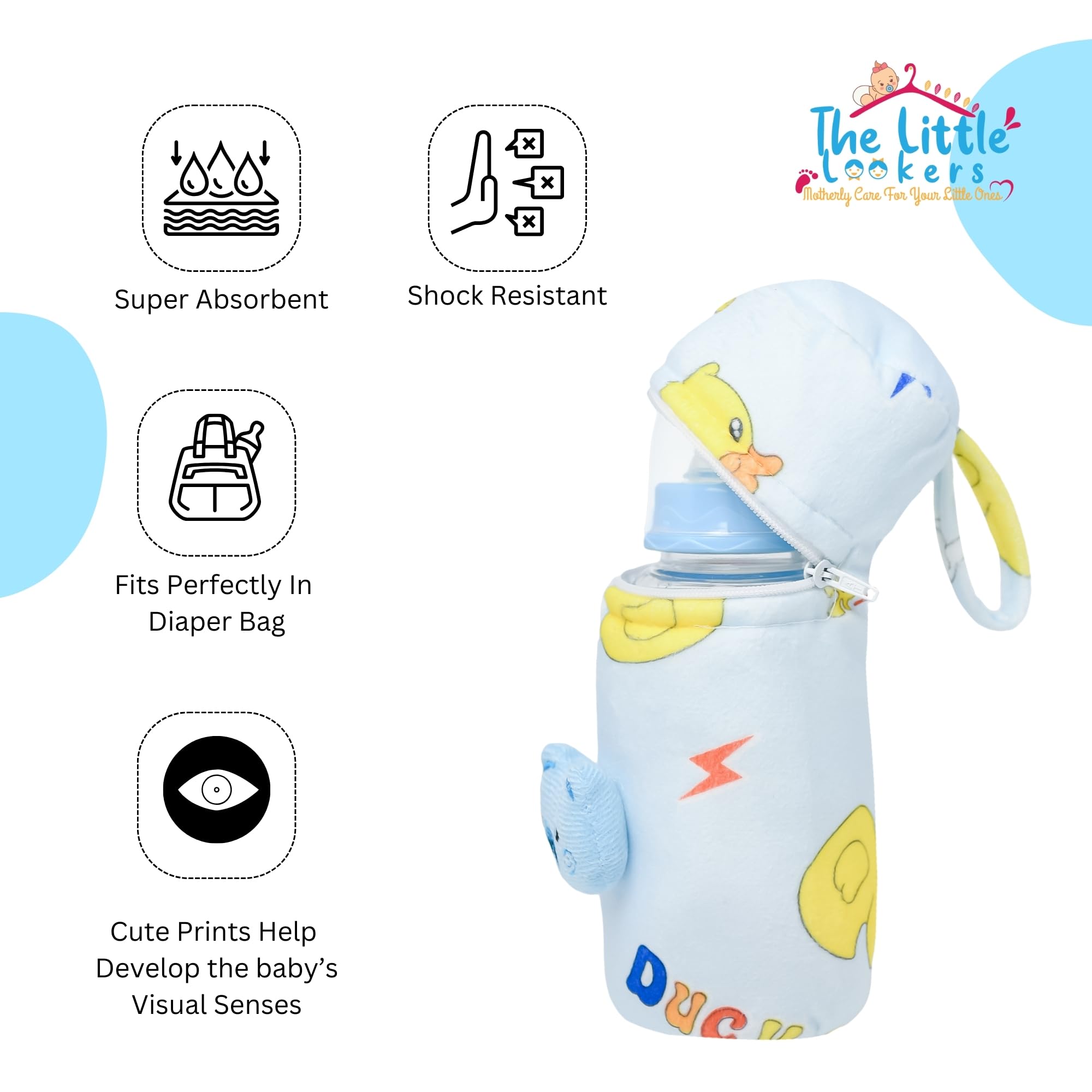 THE LITTLE LOOKERS Soft Plush Stretchable Baby Feeding Bottle Cover with Easy to Hold Strap | Cute Animated Overall Print Pack of 3 (Multicolor, Zip Closure 120ml,150ml/4OZ,5OZ) - Image 9 thumbnail