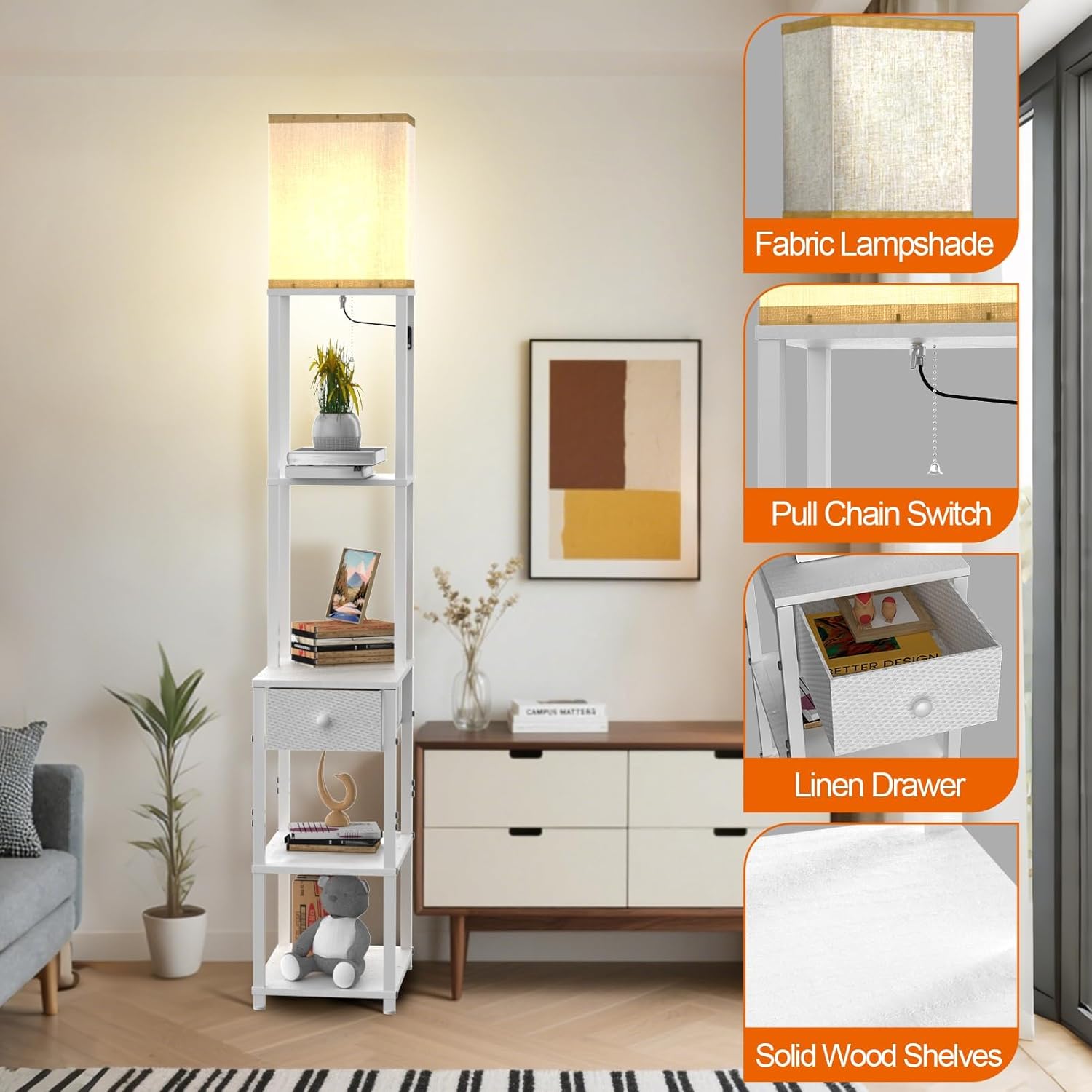 Lightdot Floor Lamp with Shelves&Drawer, Modern Sofa Lamp with Off-White Fabric Lampshade, Display Corner Floor Lamp with Storage Table for Living Room, Bedroom and Office-White-F